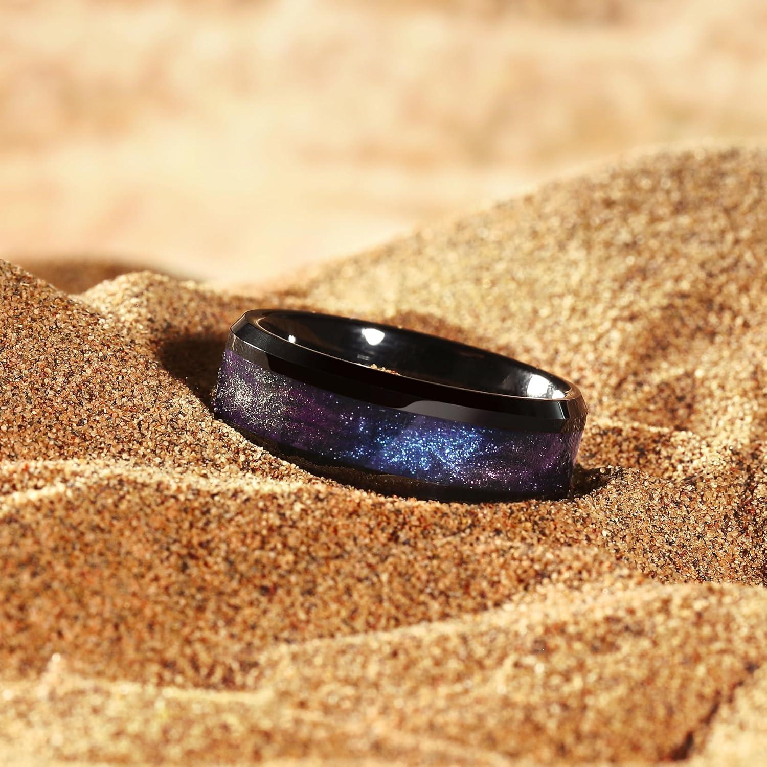 imageKing Will Mens Tungsten Wedding Band 6mm8mm Galaxy Style Sandstone Opal Inlay Polished Beveled Edge Unique Rings for Men Women Comfort Fit DurableBlackPurpleBlue