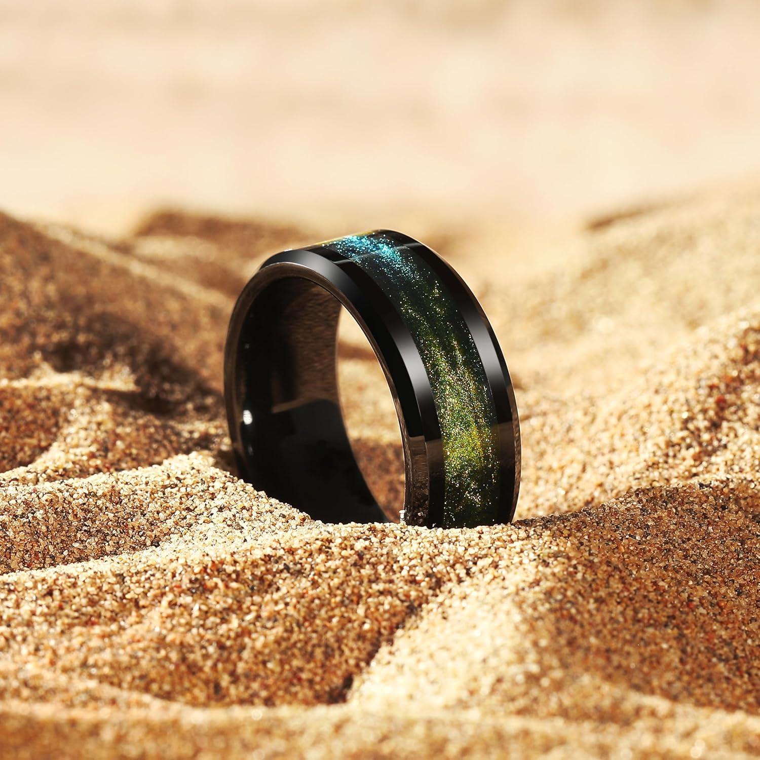 imageKing Will Mens Tungsten Wedding Band 6mm8mm Galaxy Style Sandstone Opal Inlay Polished Beveled Edge Unique Rings for Men Women Comfort Fit DurableBlackYellowGreen