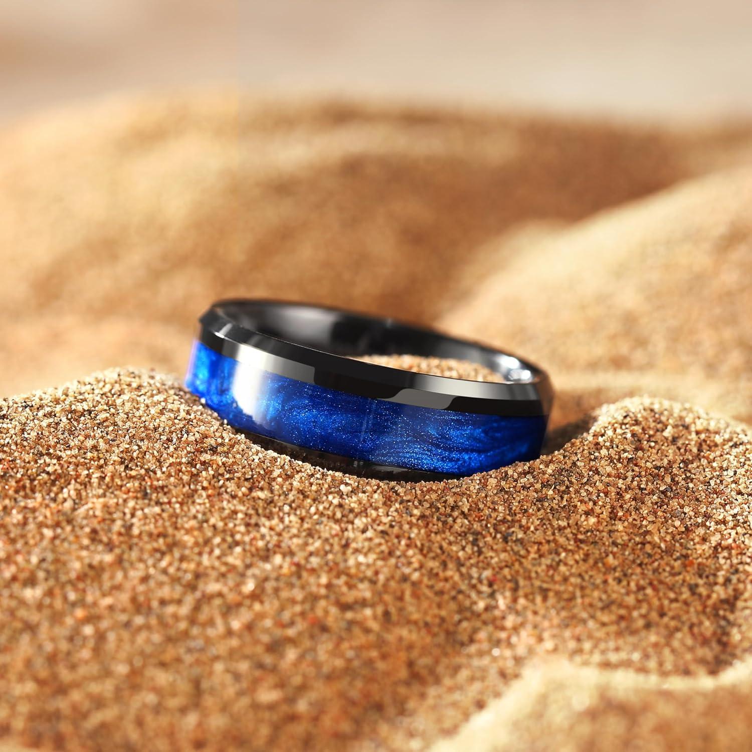 imageKing Will Mens Tungsten Wedding Band 6mm8mm Galaxy Style Sandstone Opal Inlay Polished Beveled Edge Unique Rings for Men Women Comfort Fit DurableBlackBlue8mm