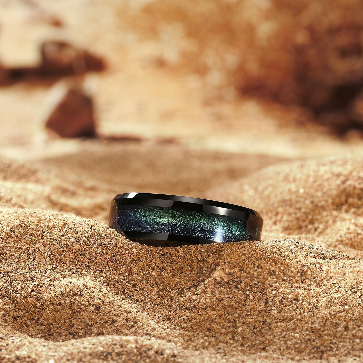 imageKing Will Mens Tungsten Wedding Band 6mm8mm Galaxy Style Sandstone Opal Inlay Polished Beveled Edge Unique Rings for Men Women Comfort Fit DurableBlue Green8mm