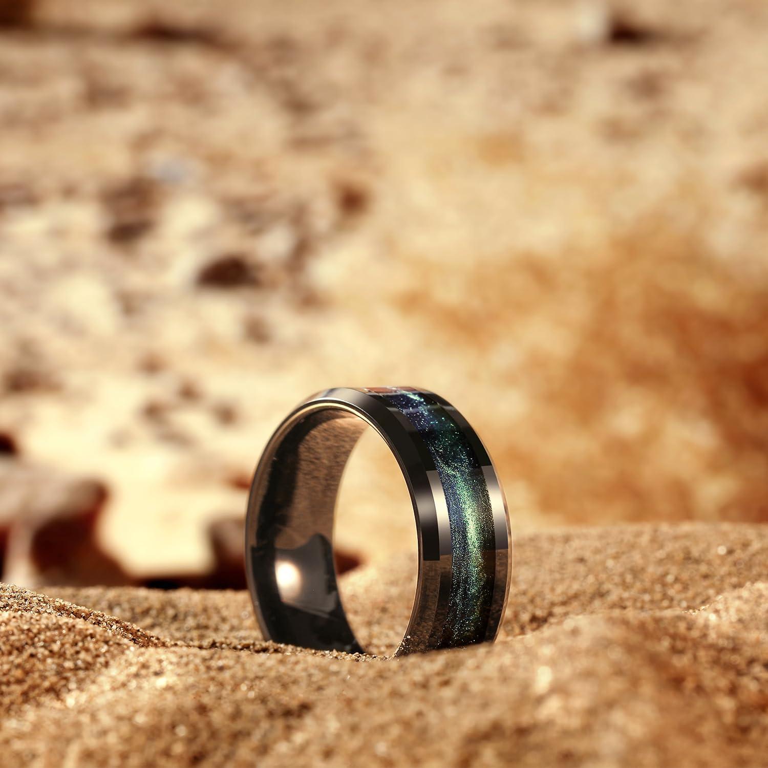 imageKing Will Mens Tungsten Wedding Band 6mm8mm Galaxy Style Sandstone Opal Inlay Polished Beveled Edge Unique Rings for Men Women Comfort Fit DurableBlue Green8mm