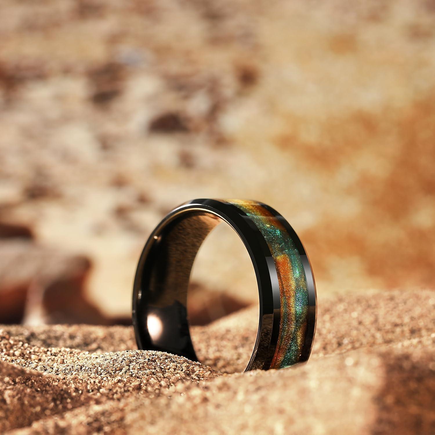 imageKing Will Mens Tungsten Wedding Band 6mm8mm Galaxy Style Sandstone Opal Inlay Polished Beveled Edge Unique Rings for Men Women Comfort Fit DurableGoldGreen