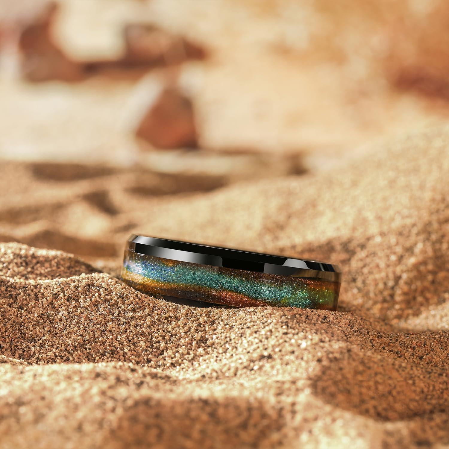 imageKing Will Mens Tungsten Wedding Band 6mm8mm Galaxy Style Sandstone Opal Inlay Polished Beveled Edge Unique Rings for Men Women Comfort Fit DurableGoldGreen