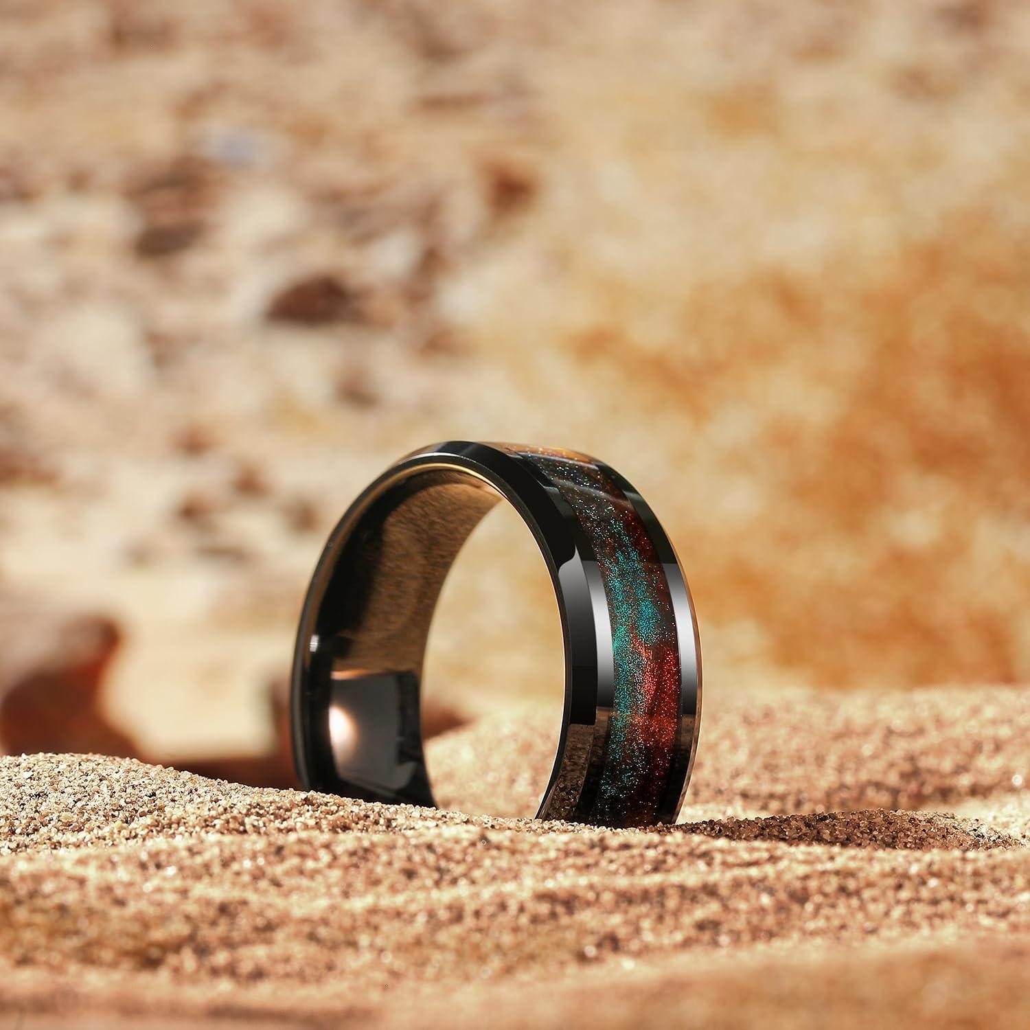 imageKing Will Mens Tungsten Wedding Band 6mm8mm Galaxy Style Sandstone Opal Inlay Polished Beveled Edge Unique Rings for Men Women Comfort Fit DurableRedBrownGreen