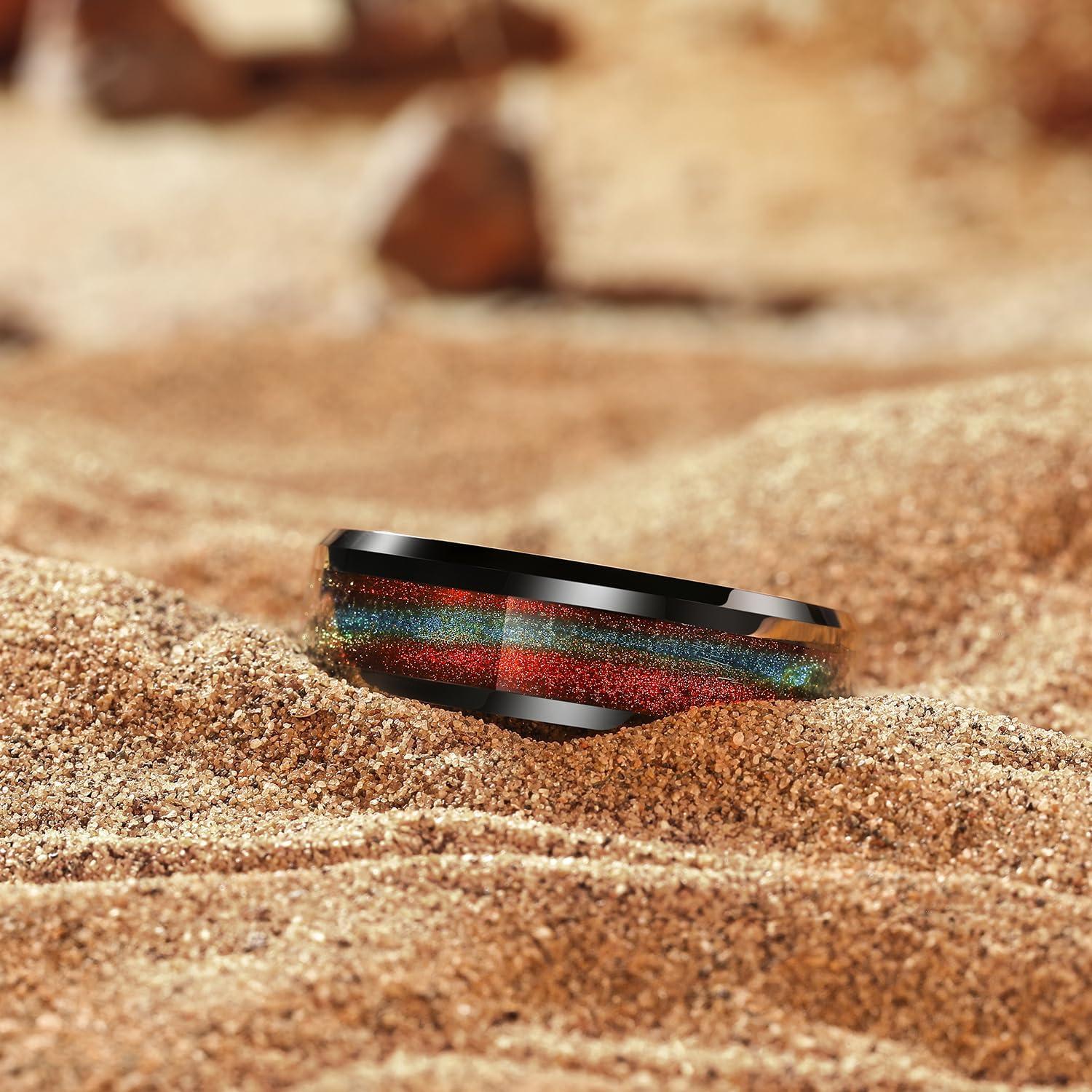 imageKing Will Mens Tungsten Wedding Band 6mm8mm Galaxy Style Sandstone Opal Inlay Polished Beveled Edge Unique Rings for Men Women Comfort Fit DurableRedBrownGreen