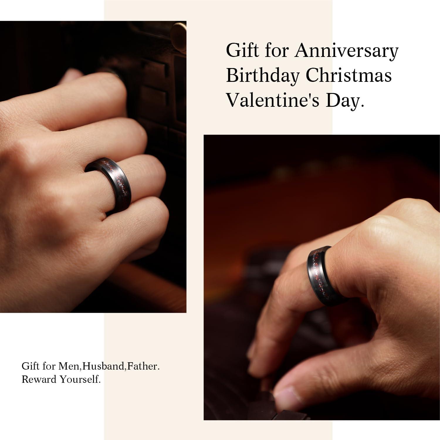 imageKing Will Mens Tungsten Wedding Band 6mm8mm Galaxy Style Sandstone Opal Inlay Polished Beveled Edge Unique Rings for Men Women Comfort Fit DurableRedSilver Sparkles