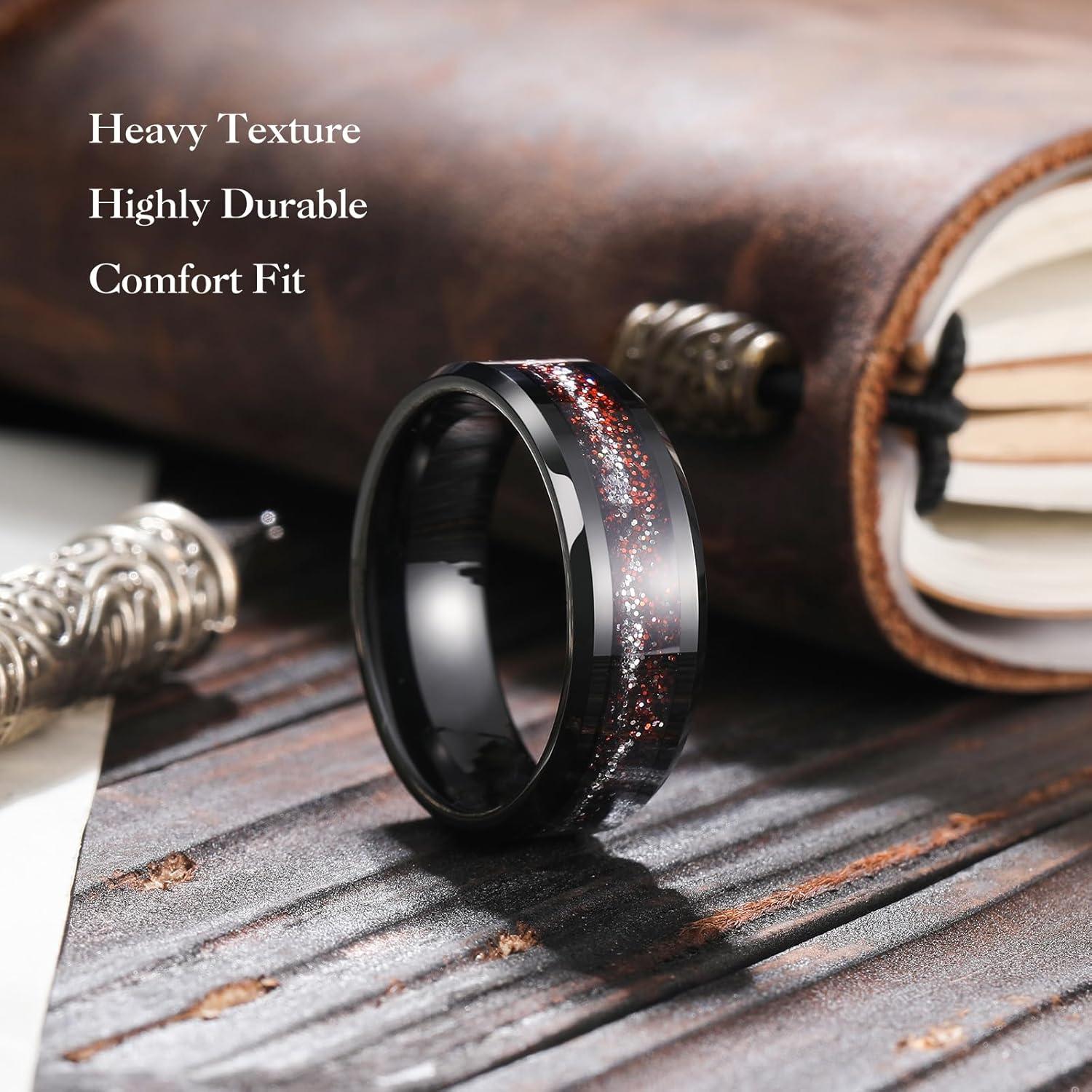 imageKing Will Mens Tungsten Wedding Band 6mm8mm Galaxy Style Sandstone Opal Inlay Polished Beveled Edge Unique Rings for Men Women Comfort Fit DurableRedSilver Sparkles