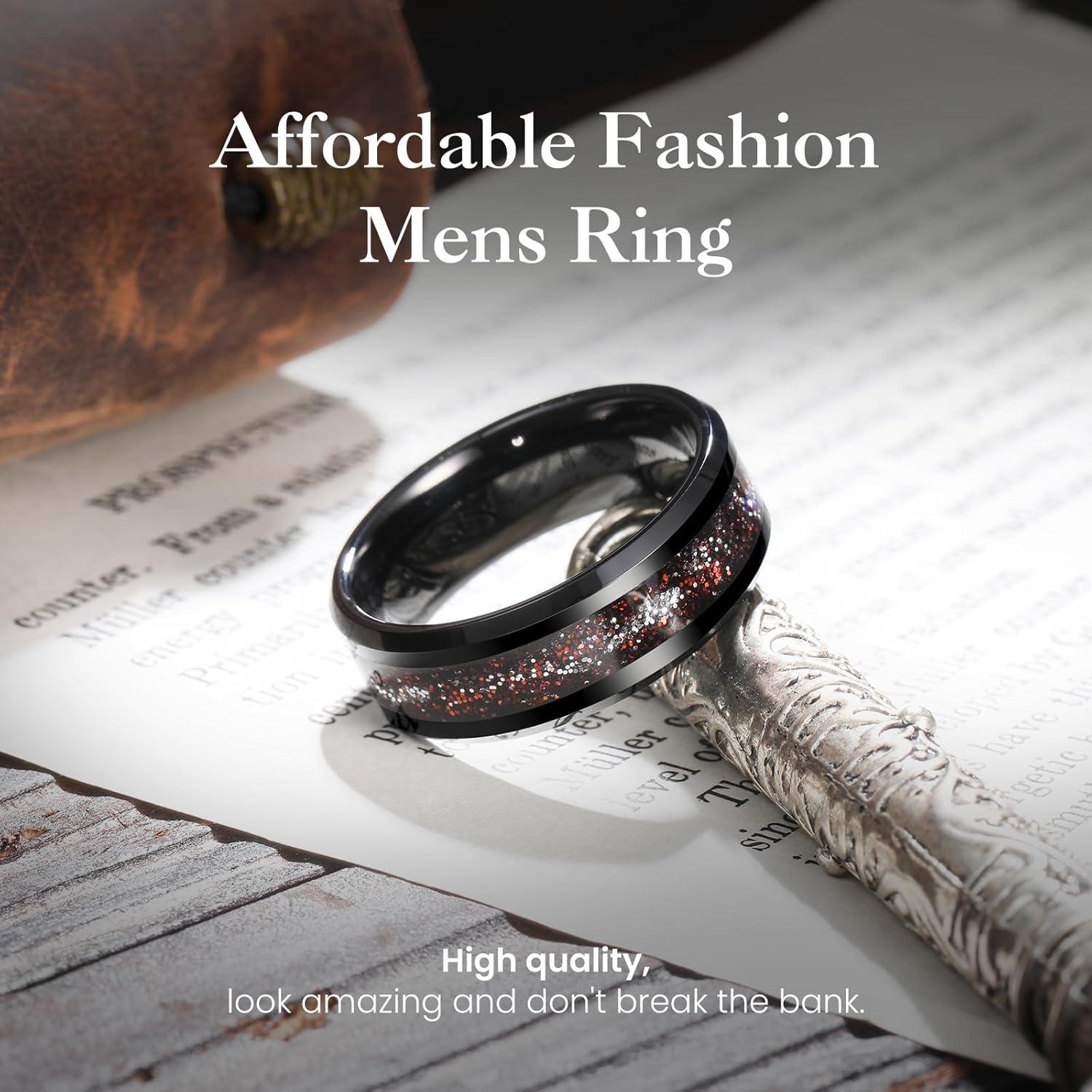 imageKing Will Mens Tungsten Wedding Band 6mm8mm Galaxy Style Sandstone Opal Inlay Polished Beveled Edge Unique Rings for Men Women Comfort Fit DurableRedSilver Sparkles