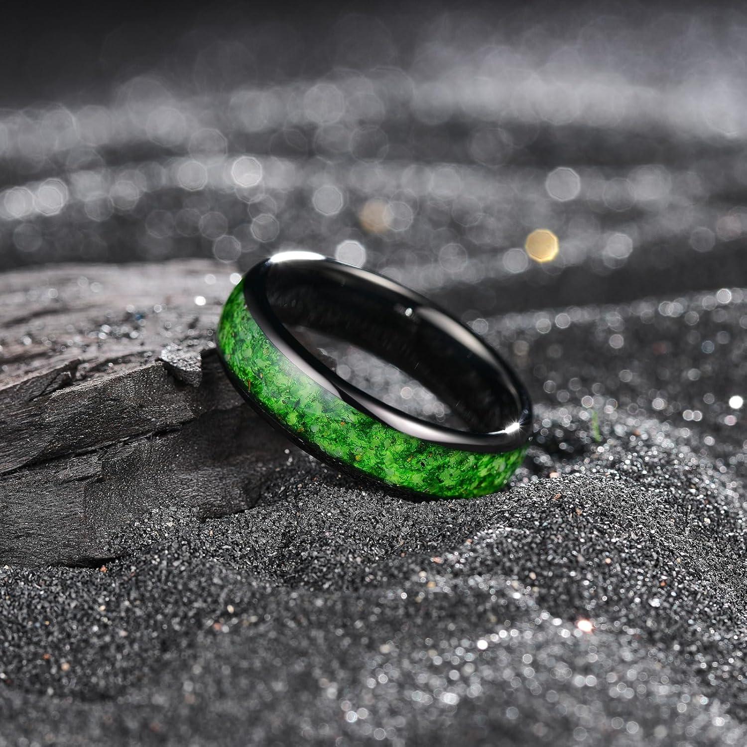 imageKing Will Tungsten Carbide Rings For Men 8mm Wedding Band Inlay Flow sandGreen Grass Agate Dome High Polished Suitable For Daily Wear Comfort Fit Size 714Green Grass AgateBlack 6mm