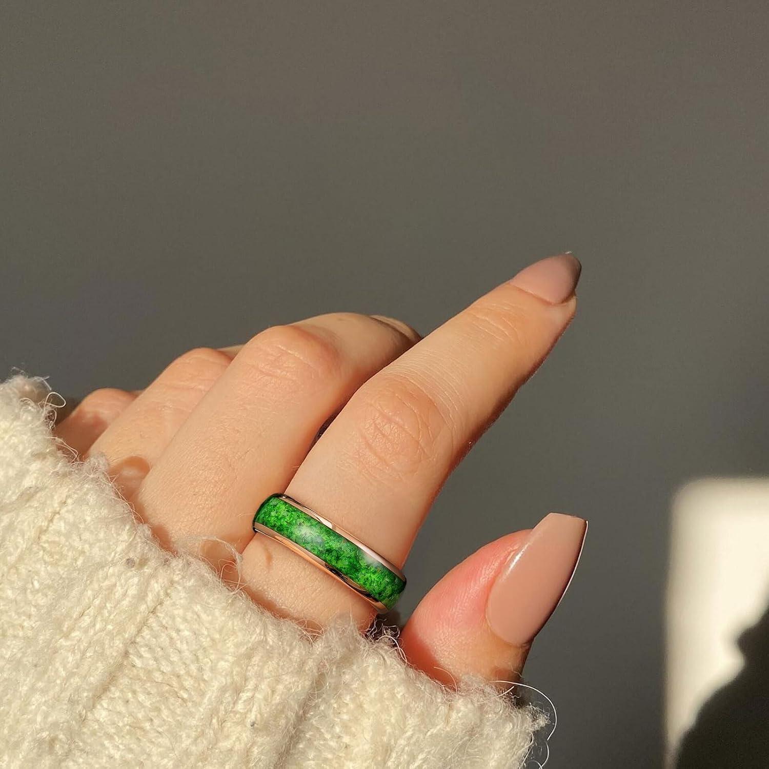 imageKing Will Tungsten Carbide Rings For Men 8mm Wedding Band Inlay Flow sandGreen Grass Agate Dome High Polished Suitable For Daily Wear Comfort Fit Size 714Green Grass AgateRose Gold 6mm