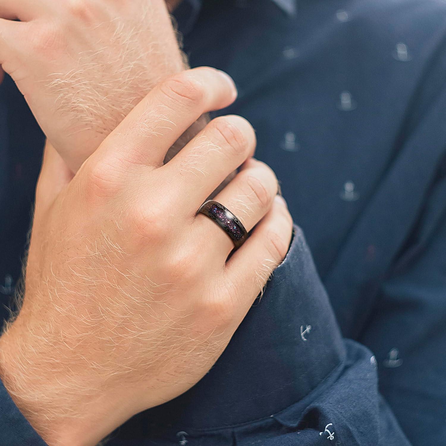 imageKing Will Tungsten Carbide Rings For Men 8mm Wedding Band Inlay Flow sandGreen Grass Agate Dome High Polished Suitable For Daily Wear Comfort Fit Size 714Purple Fluid StarrySky