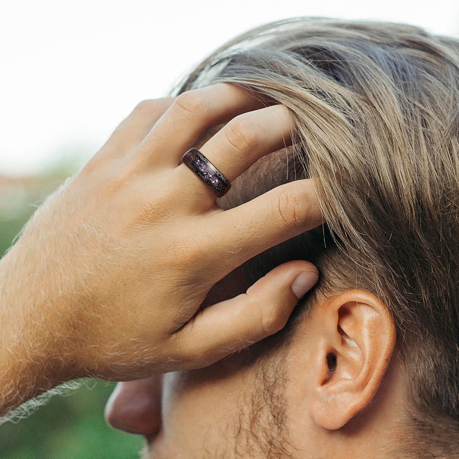 imageKing Will Tungsten Carbide Rings For Men 8mm Wedding Band Inlay Flow sandGreen Grass Agate Dome High Polished Suitable For Daily Wear Comfort Fit Size 714Purple Fluid StarrySky