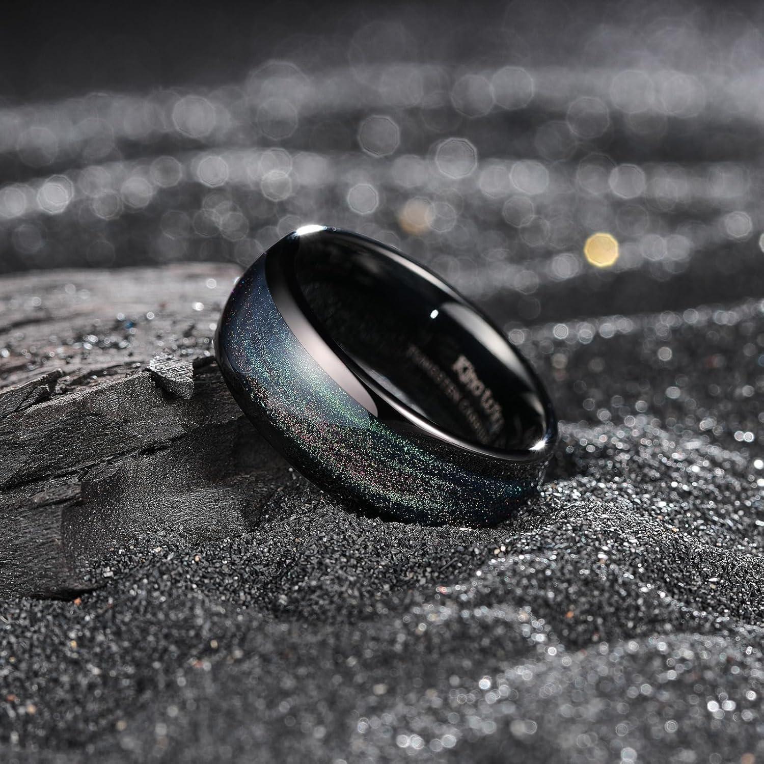 imageKing Will Tungsten Carbide Rings For Men 8mm Wedding Band Inlay Flow sandGreen Grass Agate Dome High Polished Suitable For Daily Wear Comfort Fit Size 714Black Yellow Purple Green Blue