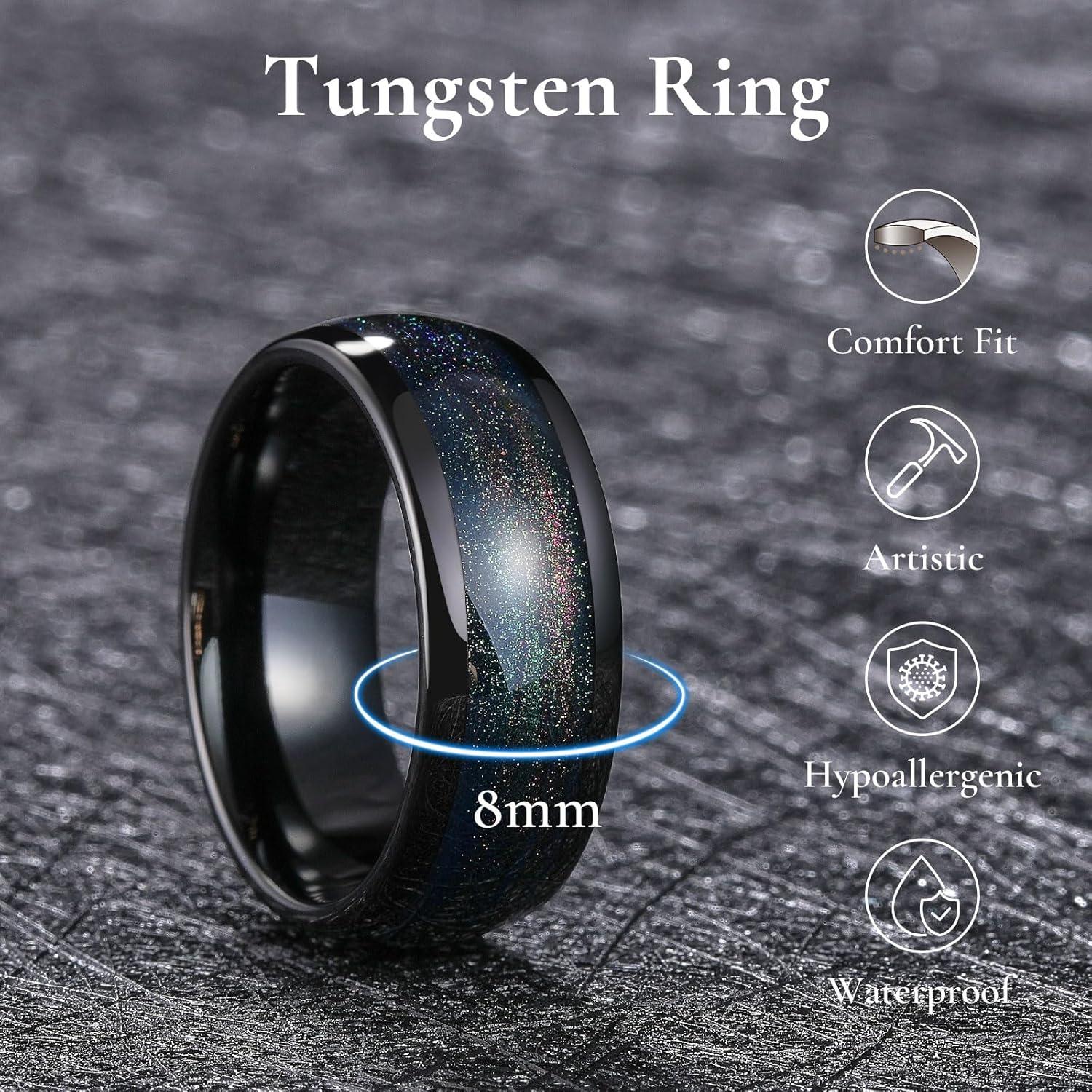 imageKing Will Tungsten Carbide Rings For Men 8mm Wedding Band Inlay Flow sandGreen Grass Agate Dome High Polished Suitable For Daily Wear Comfort Fit Size 714Black Yellow Purple Green Blue