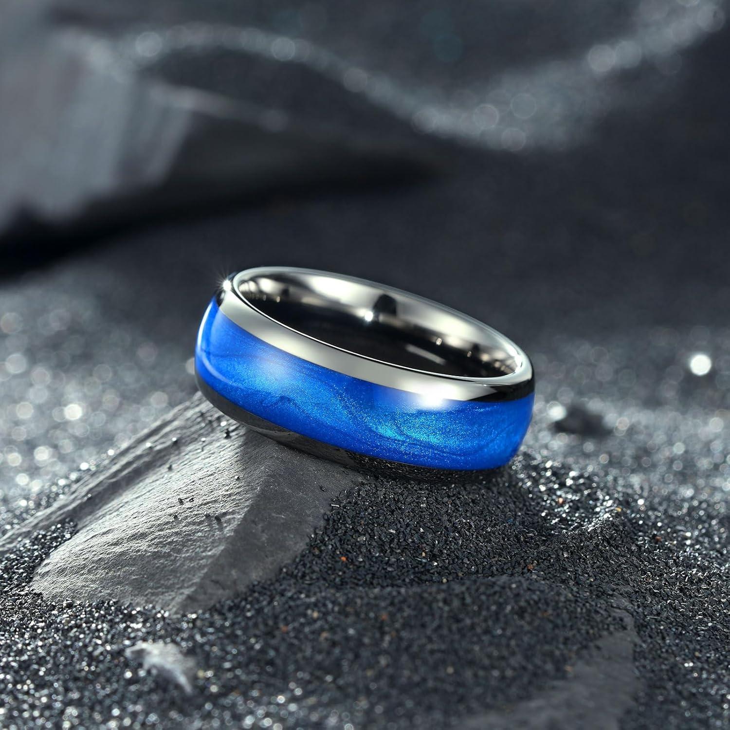 imageKing Will Tungsten Carbide Rings For Men 8mm Wedding Band Inlay Flow sandGreen Grass Agate Dome High Polished Suitable For Daily Wear Comfort Fit Size 714Gunmetal GrayBlue