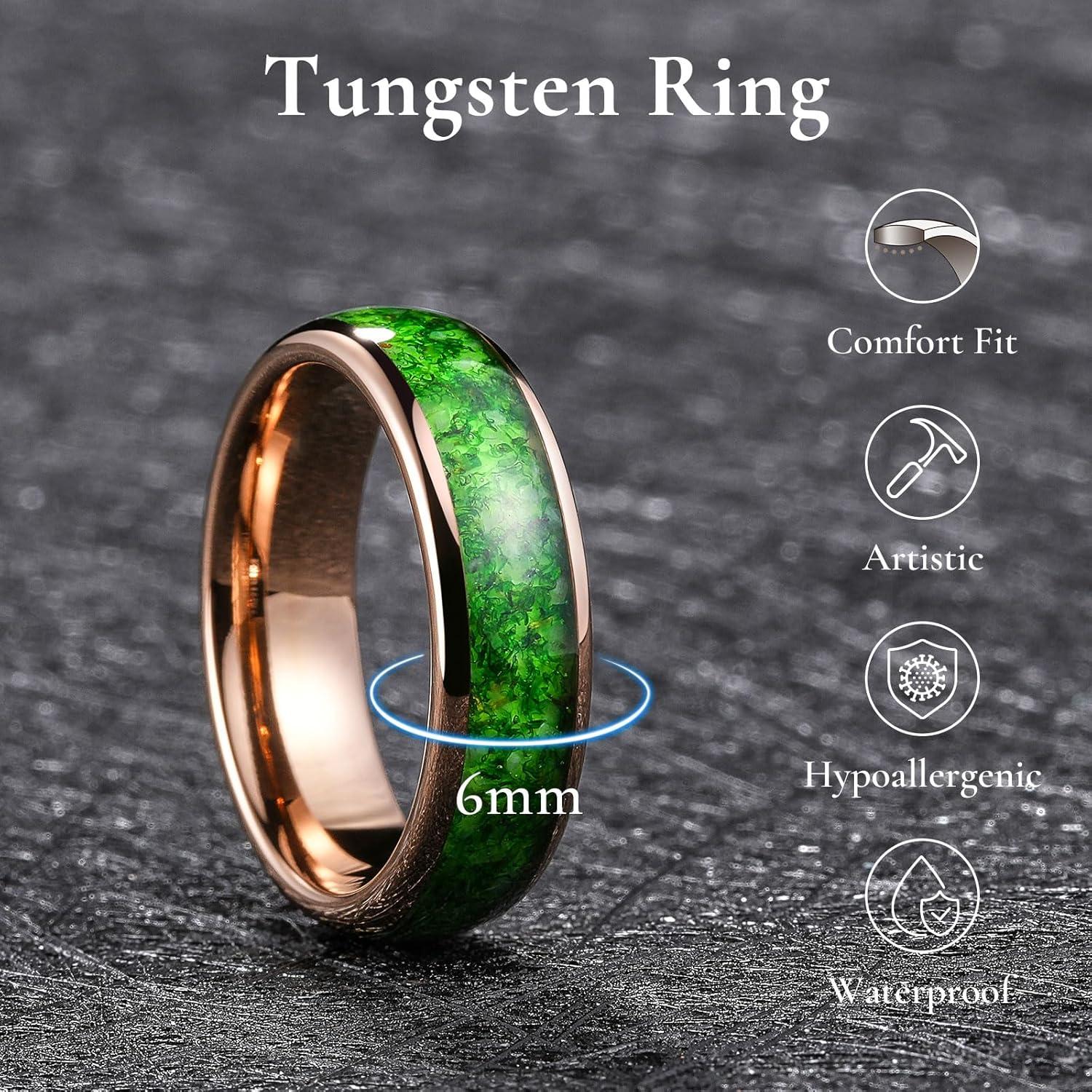 imageKing Will Tungsten Carbide Rings For Men 8mm Wedding Band Inlay Flow sandGreen Grass Agate Dome High Polished Suitable For Daily Wear Comfort Fit Size 714Green Grass AgateRose Gold 6mm
