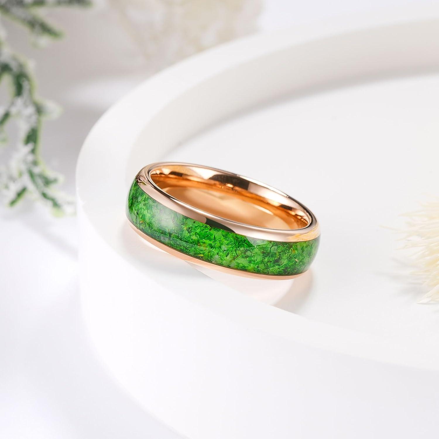 imageKing Will Tungsten Carbide Rings For Men 8mm Wedding Band Inlay Flow sandGreen Grass Agate Dome High Polished Suitable For Daily Wear Comfort Fit Size 714Green Grass AgateRose Gold 6mm