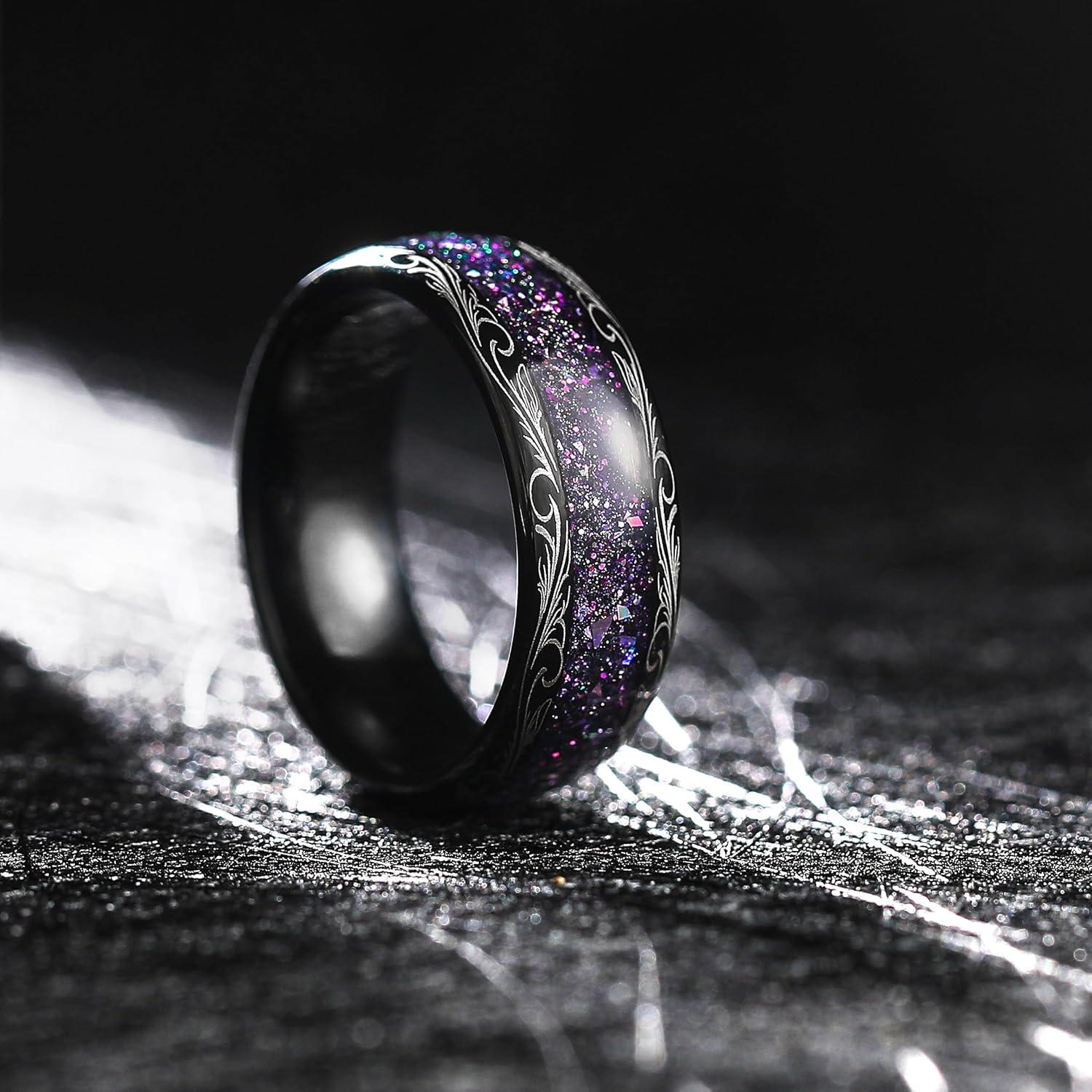 imageKing Will Tungsten Carbide Rings For Men 8mm Wedding Band Inlay Flow sandGreen Grass Agate Dome High Polished Suitable For Daily Wear Comfort Fit Size 714Purple Fluid StarrySky