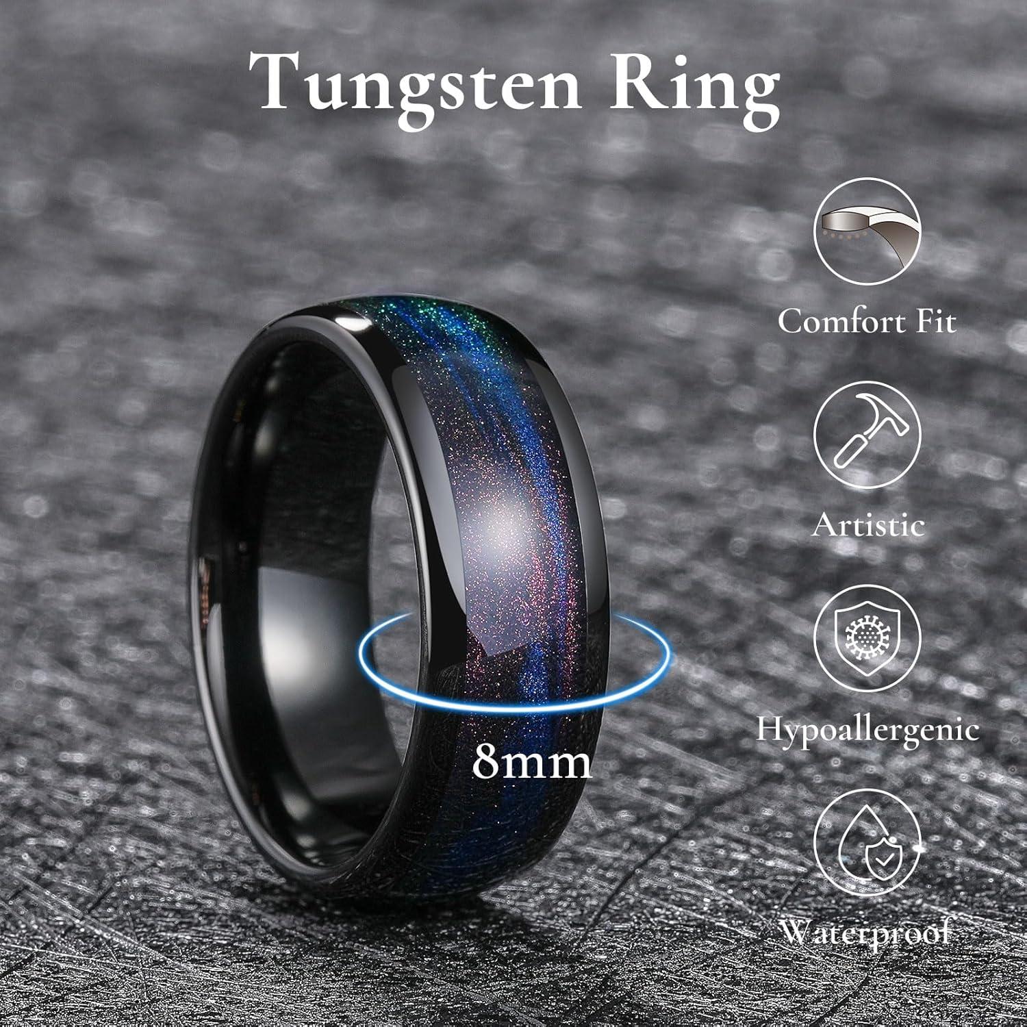 imageKing Will Tungsten Carbide Rings For Men 8mm Wedding Band Inlay Flow sandGreen Grass Agate Dome High Polished Suitable For Daily Wear Comfort Fit Size 714Black Purple Blue
