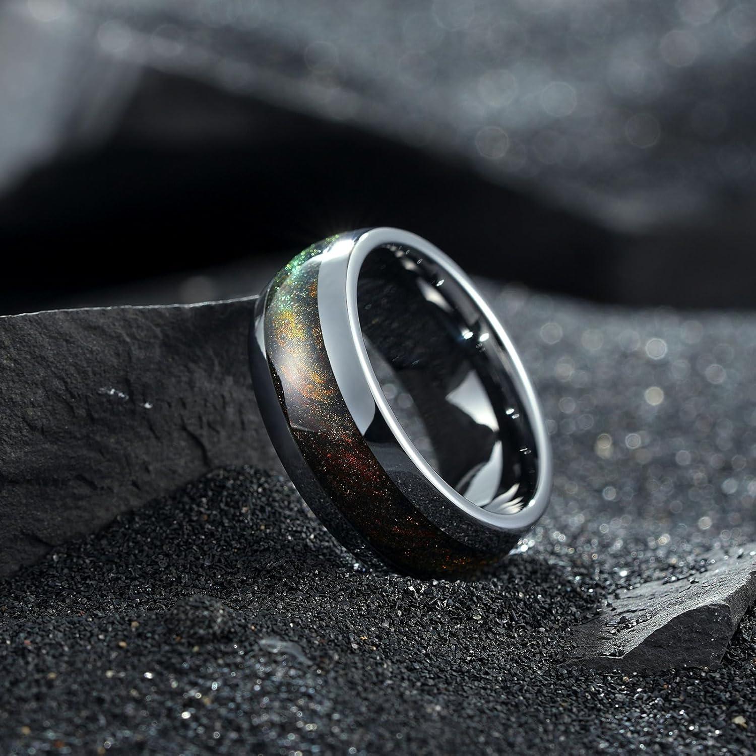 imageKing Will Tungsten Carbide Rings For Men 8mm Wedding Band Inlay Flow sandGreen Grass Agate Dome High Polished Suitable For Daily Wear Comfort Fit Size 714GunmetalFlame Orange