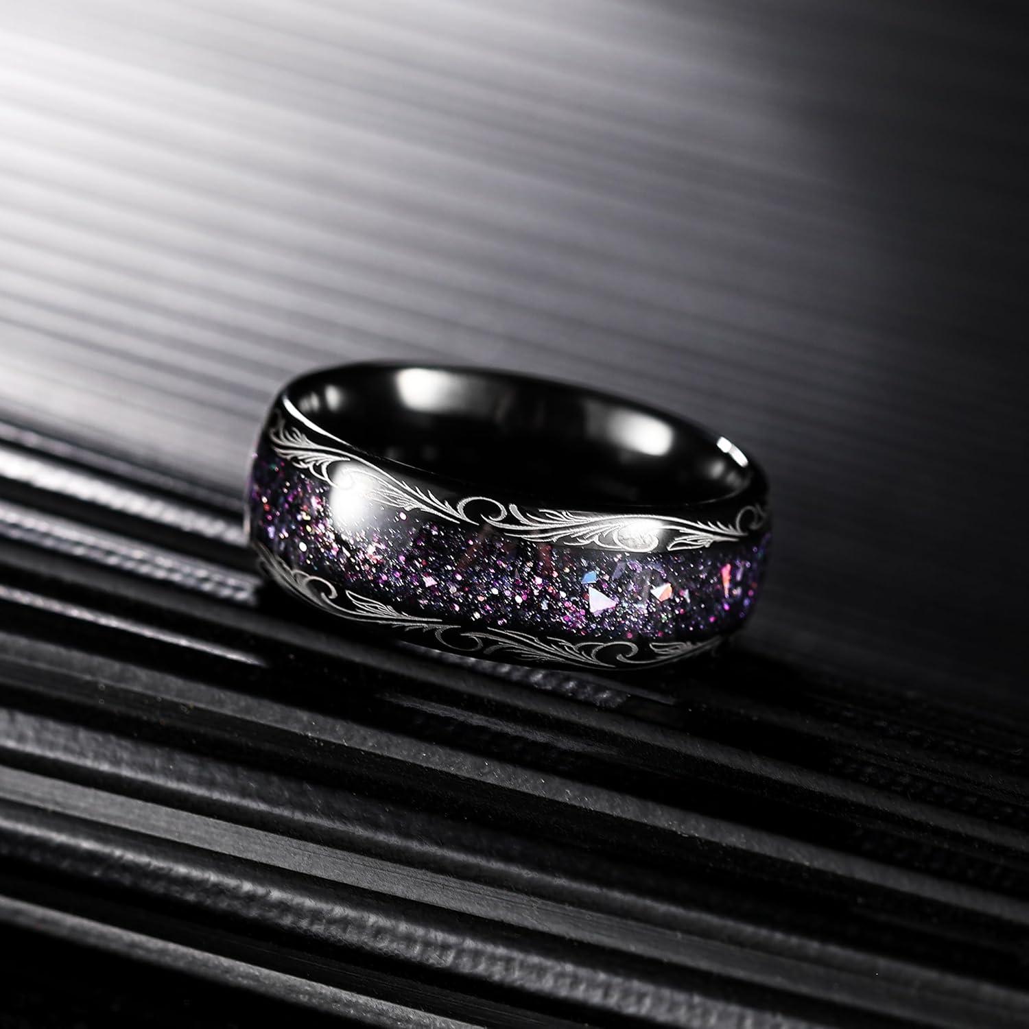 imageKing Will Tungsten Carbide Rings For Men 8mm Wedding Band Inlay Flow sandGreen Grass Agate Dome High Polished Suitable For Daily Wear Comfort Fit Size 714Purple Fluid StarrySky