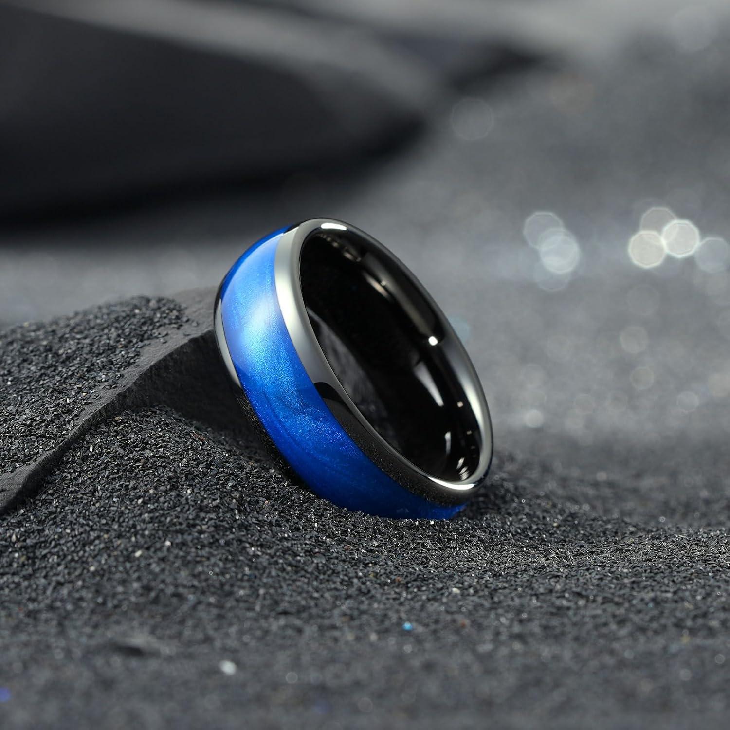 imageKing Will Tungsten Carbide Rings For Men 8mm Wedding Band Inlay Flow sandGreen Grass Agate Dome High Polished Suitable For Daily Wear Comfort Fit Size 714Gunmetal GrayBlue