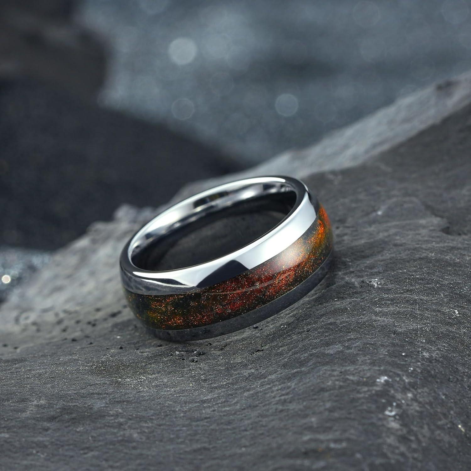 imageKing Will Tungsten Carbide Rings For Men 8mm Wedding Band Inlay Flow sandGreen Grass Agate Dome High Polished Suitable For Daily Wear Comfort Fit Size 714GunmetalFlame Orange