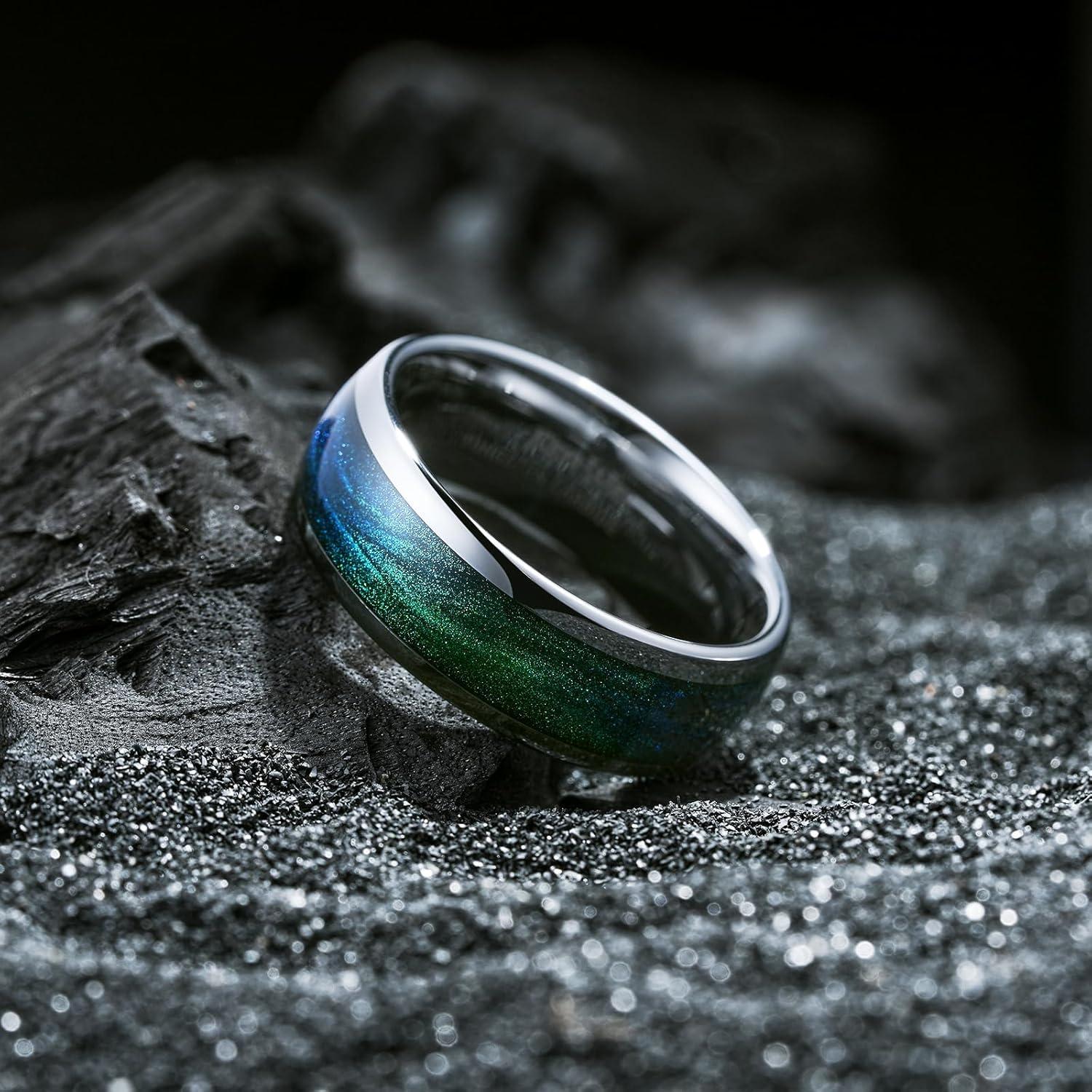 imageKing Will Tungsten Carbide Rings For Men 8mm Wedding Band Inlay Flow sandGreen Grass Agate Dome High Polished Suitable For Daily Wear Comfort Fit Size 714GunmetalGreen