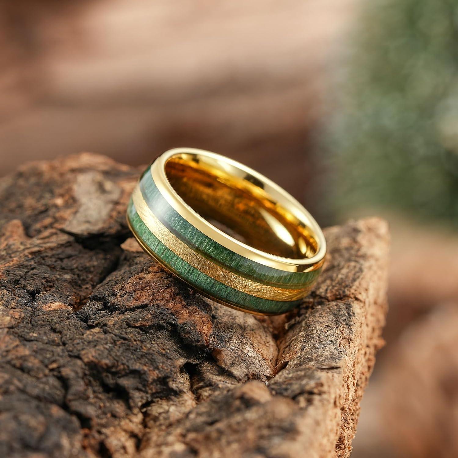 imageKing Will Tungsten Carbide Wedding Band for Men Women8mm Width BlackGoldSliver with Nature KoaMaple Wood Inlay Domed Design Wodden Wedding Ring Comfort Fit Size 6148mmGreen Teak Wood