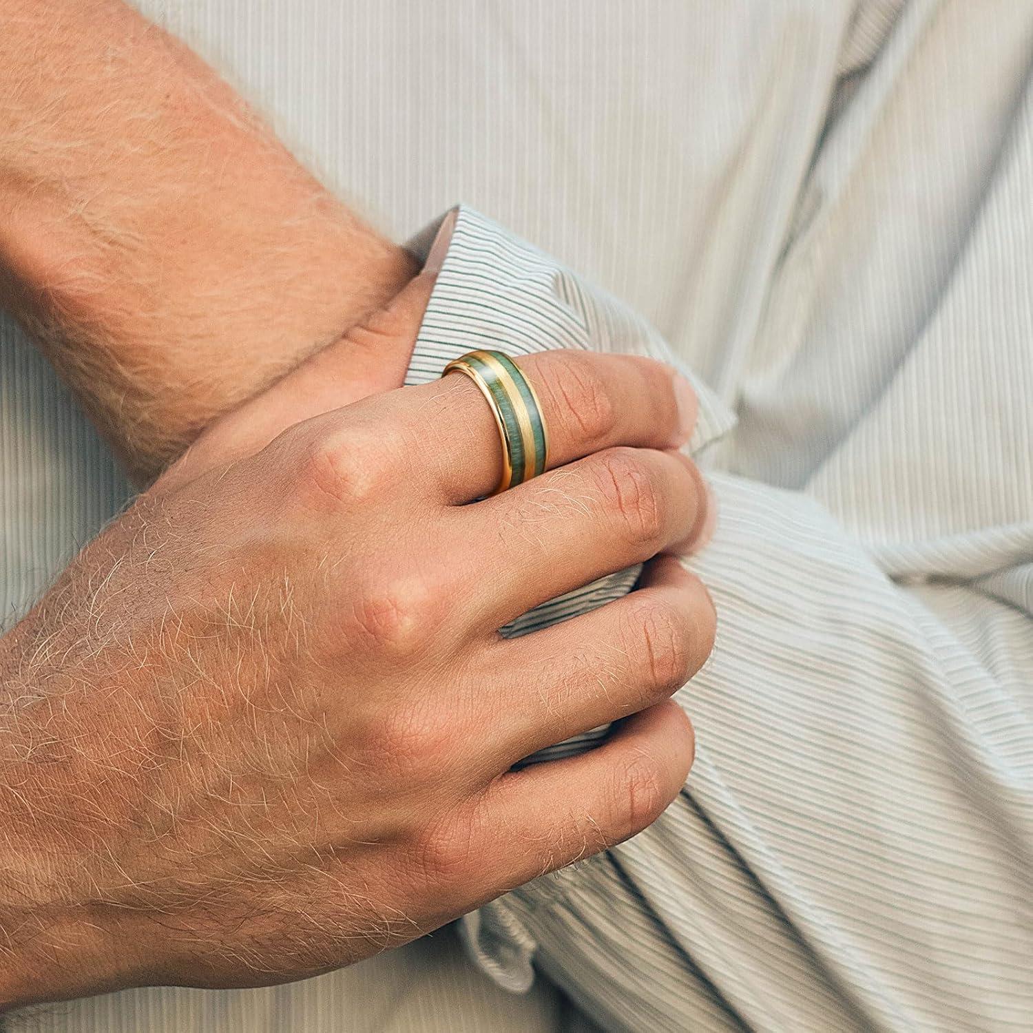 imageKing Will Tungsten Carbide Wedding Band for Men Women8mm Width BlackGoldSliver with Nature KoaMaple Wood Inlay Domed Design Wodden Wedding Ring Comfort Fit Size 6148mmGreen Teak Wood