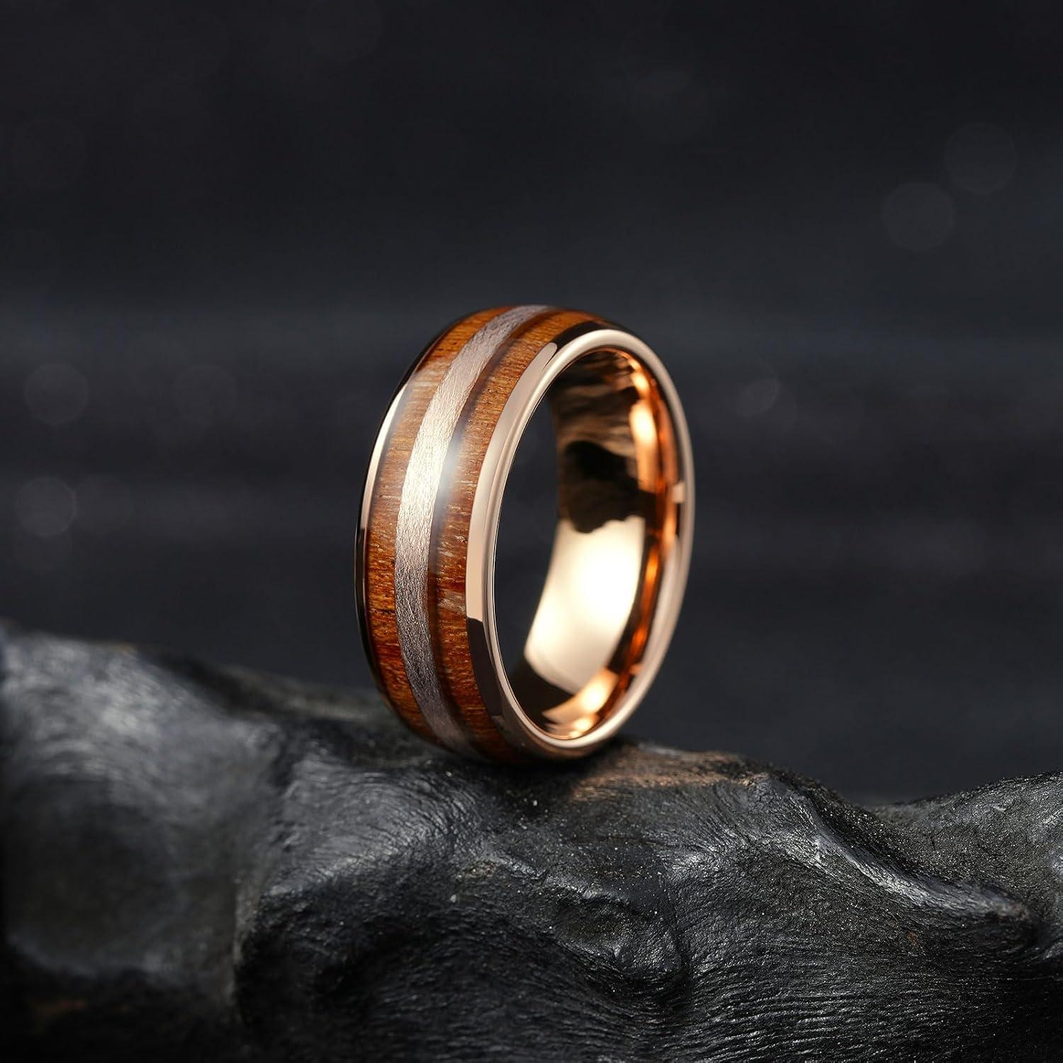 imageKing Will Tungsten Carbide Wedding Band for Men Women8mm Width BlackGoldSliver with Nature KoaMaple Wood Inlay Domed Design Wodden Wedding Ring Comfort Fit Size 6148mmCocobolo wood