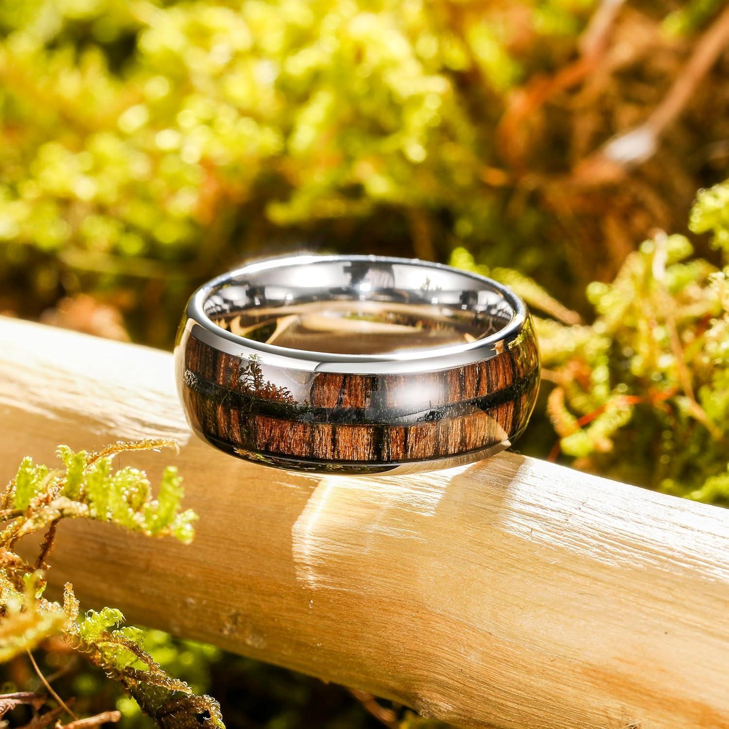 imageKing Will Tungsten Carbide Wedding Band for Men Women8mm Width BlackGoldSliver with Nature KoaMaple Wood Inlay Domed Design Wodden Wedding Ring Comfort Fit Size 614Brown Silver