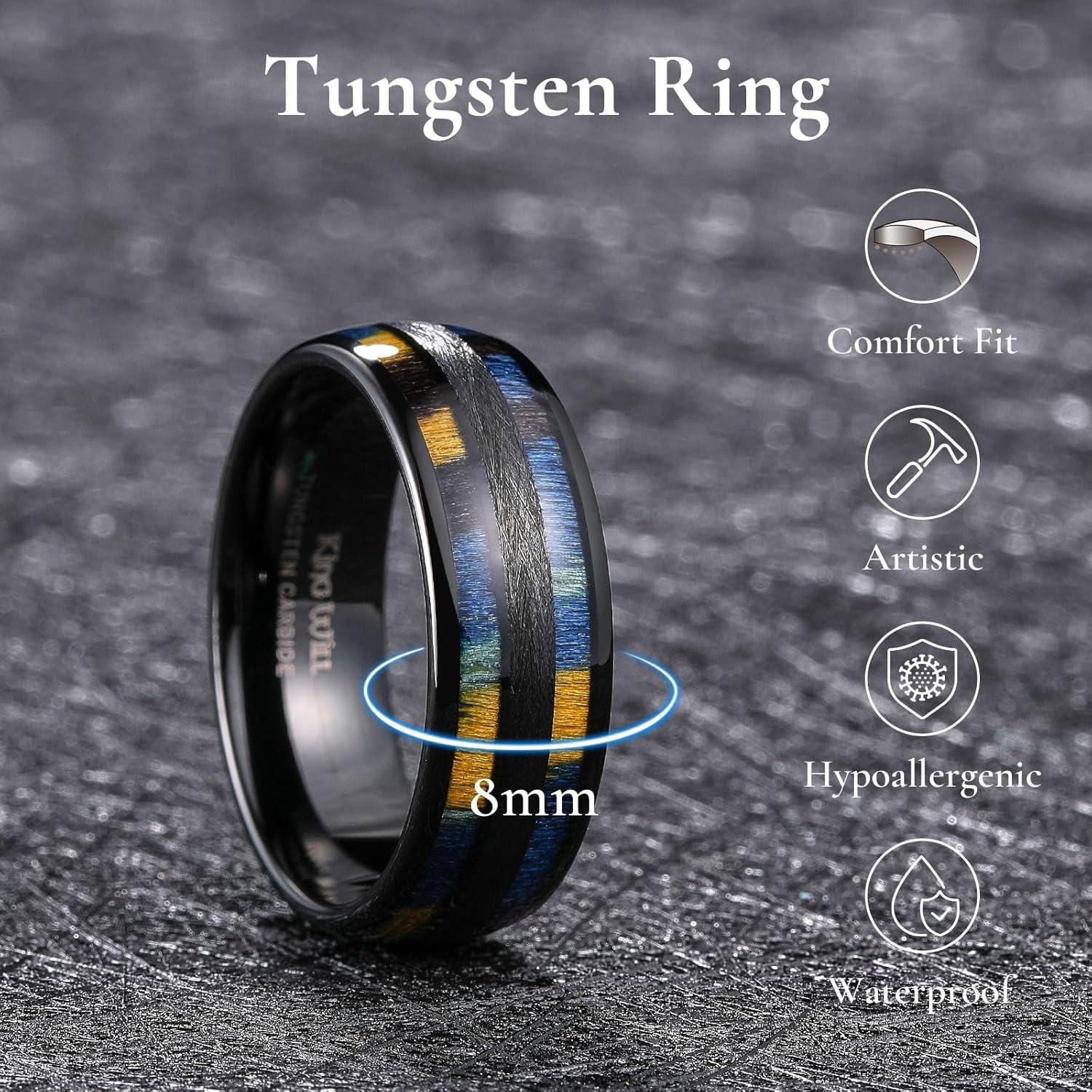 imageKing Will Tungsten Carbide Wedding Band for Men Women8mm Width BlackGoldSliver with Nature KoaMaple Wood Inlay Domed Design Wodden Wedding Ring Comfort Fit Size 6148mmBlueGreen