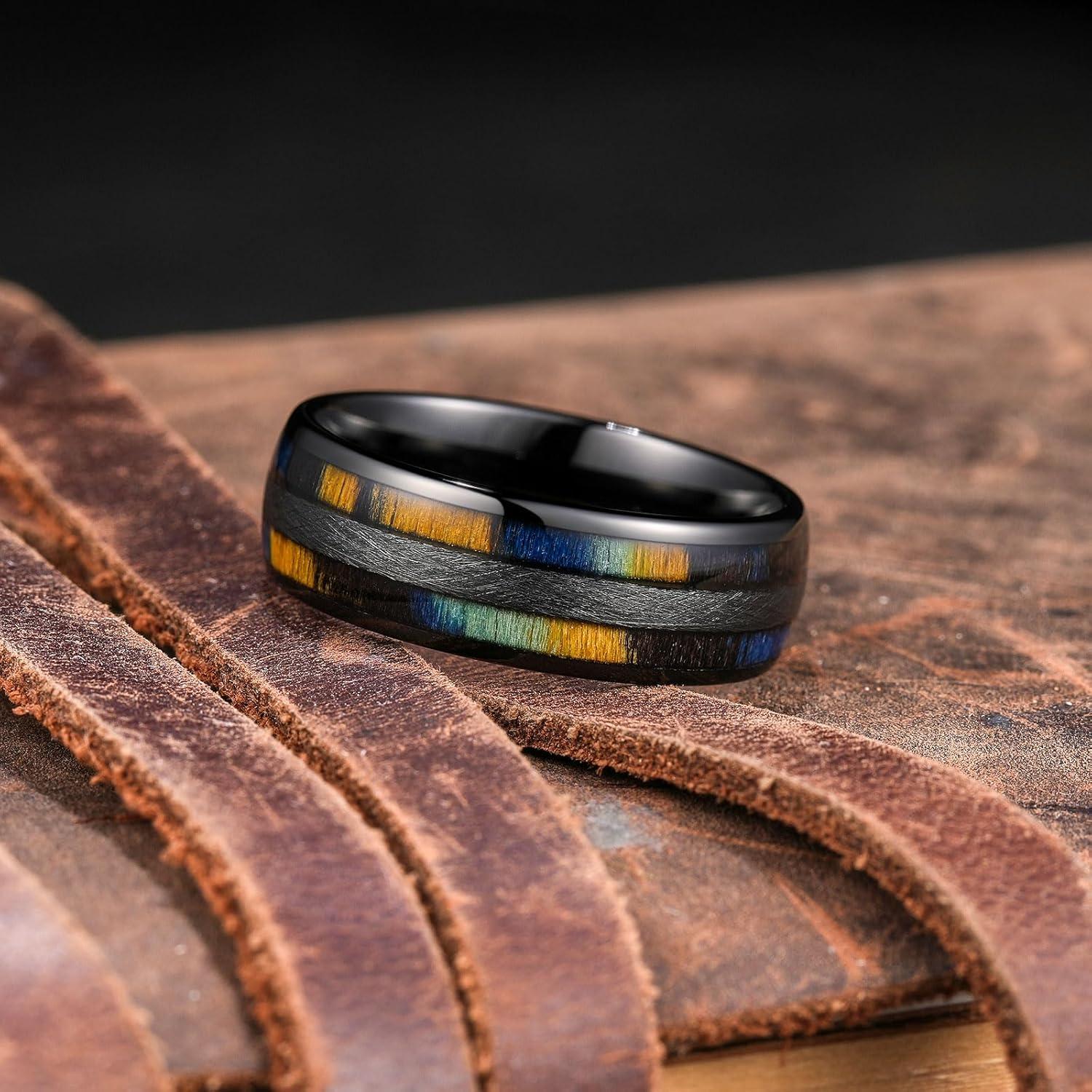 imageKing Will Tungsten Carbide Wedding Band for Men Women8mm Width BlackGoldSliver with Nature KoaMaple Wood Inlay Domed Design Wodden Wedding Ring Comfort Fit Size 6148mmBlueGreen