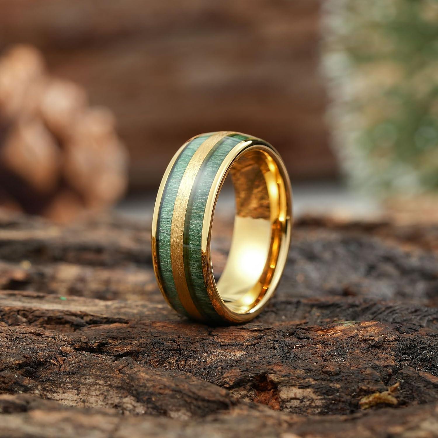 imageKing Will Tungsten Carbide Wedding Band for Men Women8mm Width BlackGoldSliver with Nature KoaMaple Wood Inlay Domed Design Wodden Wedding Ring Comfort Fit Size 6148mmGreen Teak Wood