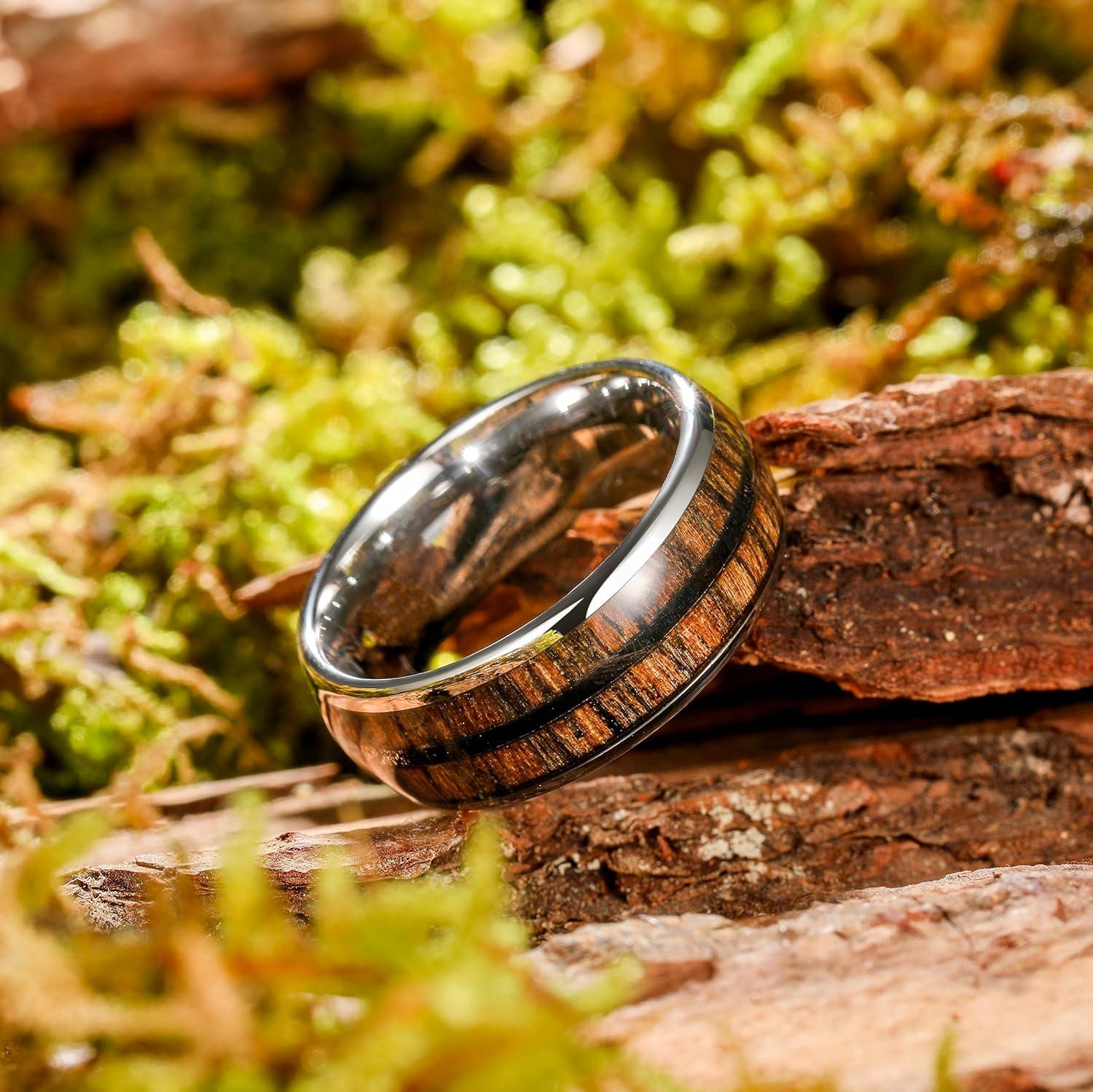 imageKing Will Tungsten Carbide Wedding Band for Men Women8mm Width BlackGoldSliver with Nature KoaMaple Wood Inlay Domed Design Wodden Wedding Ring Comfort Fit Size 614Brown Silver