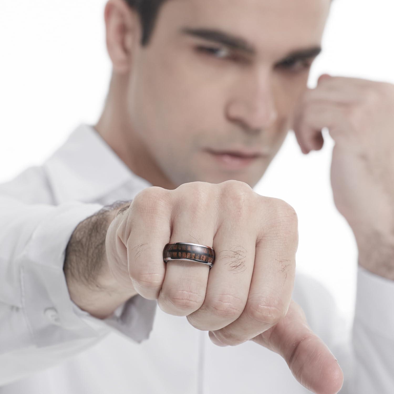 imageKing Will Tungsten Carbide Wedding Band for Men Women8mm Width BlackGoldSliver with Nature KoaMaple Wood Inlay Domed Design Wodden Wedding Ring Comfort Fit Size 614Brown Silver