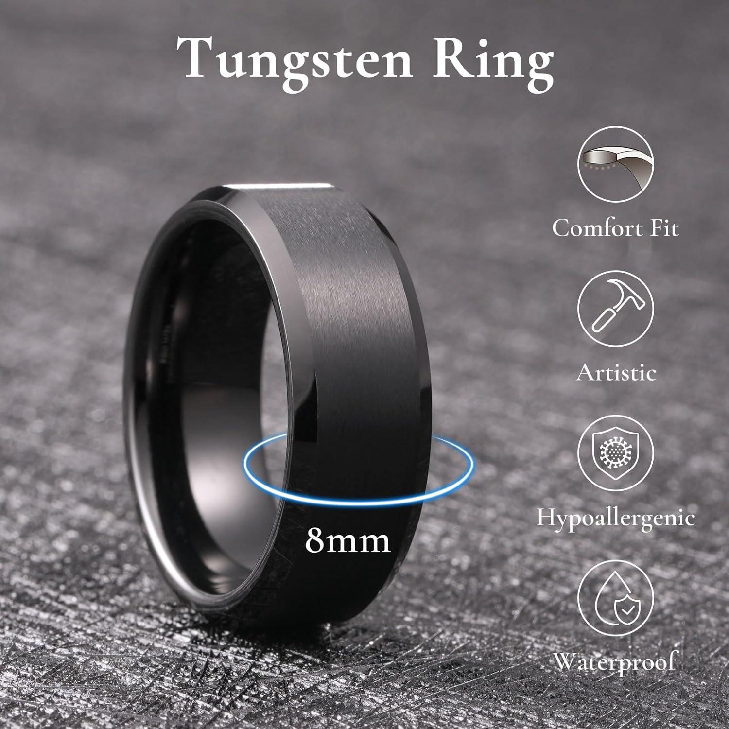 imageKing Will Tungsten Mens Wedding Ring Available in 6mm to 10mm BlackSilver Matte Finish Beveled Polished Edge Comfort Fit8mm Black2