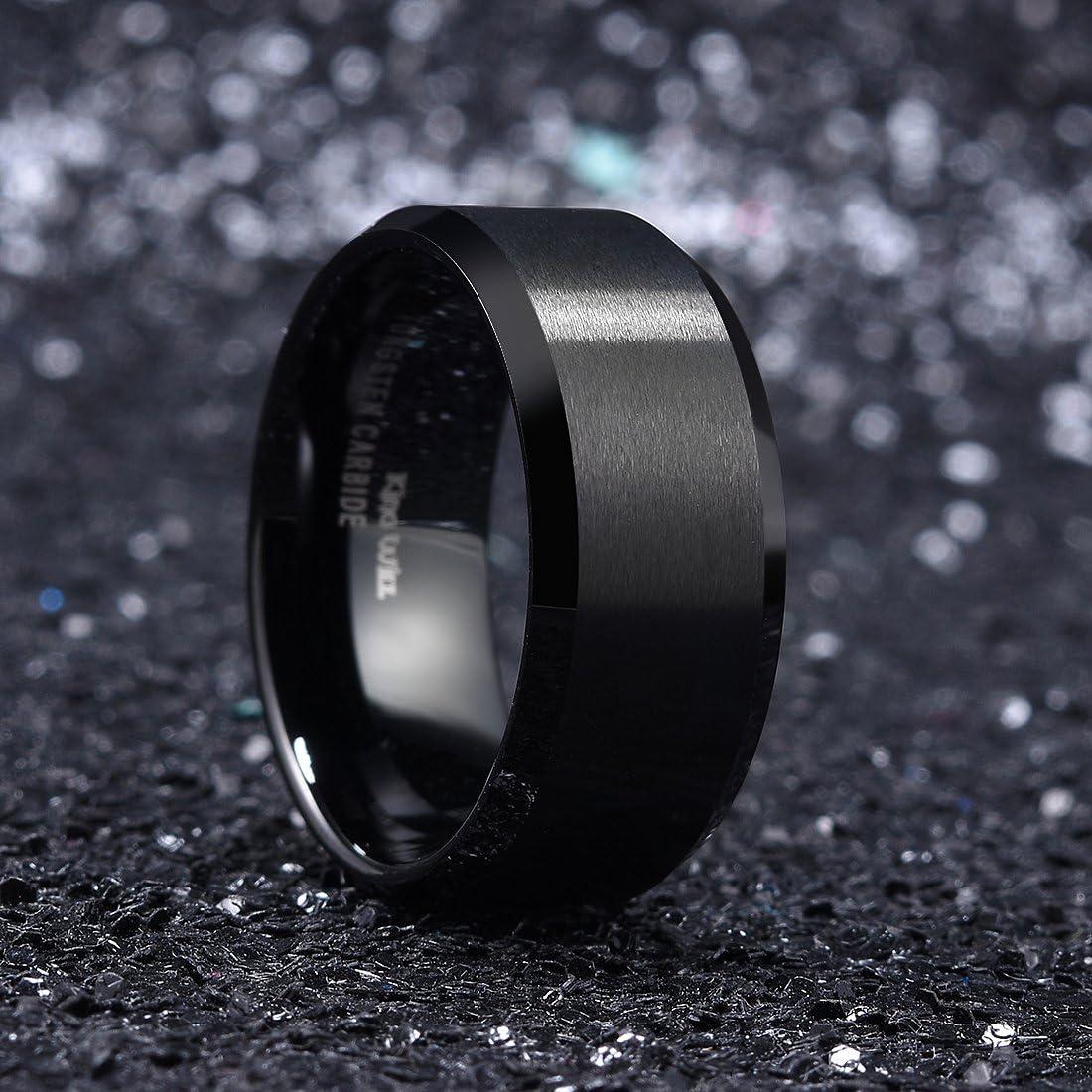 imageKing Will Tungsten Mens Wedding Ring Available in 6mm to 10mm BlackSilver Matte Finish Beveled Polished Edge Comfort FitBlack10mm