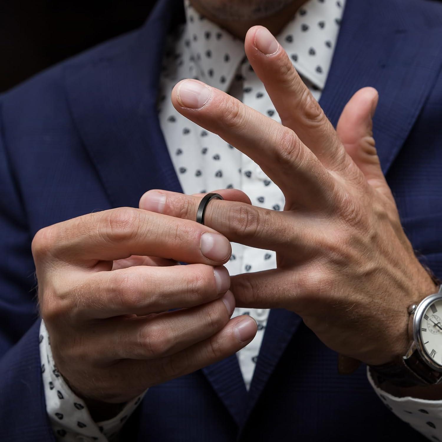 imageKing Will Tungsten Mens Wedding Ring Available in 6mm to 10mm BlackSilver Matte Finish Beveled Polished Edge Comfort FitBlack4mm