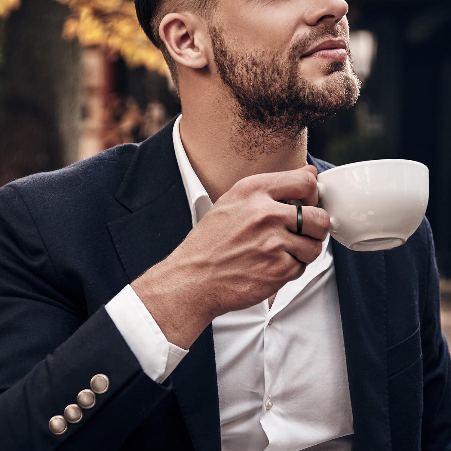 imageKing Will Tungsten Mens Wedding Ring Available in 6mm to 10mm BlackSilver Matte Finish Beveled Polished Edge Comfort FitBlack4mm