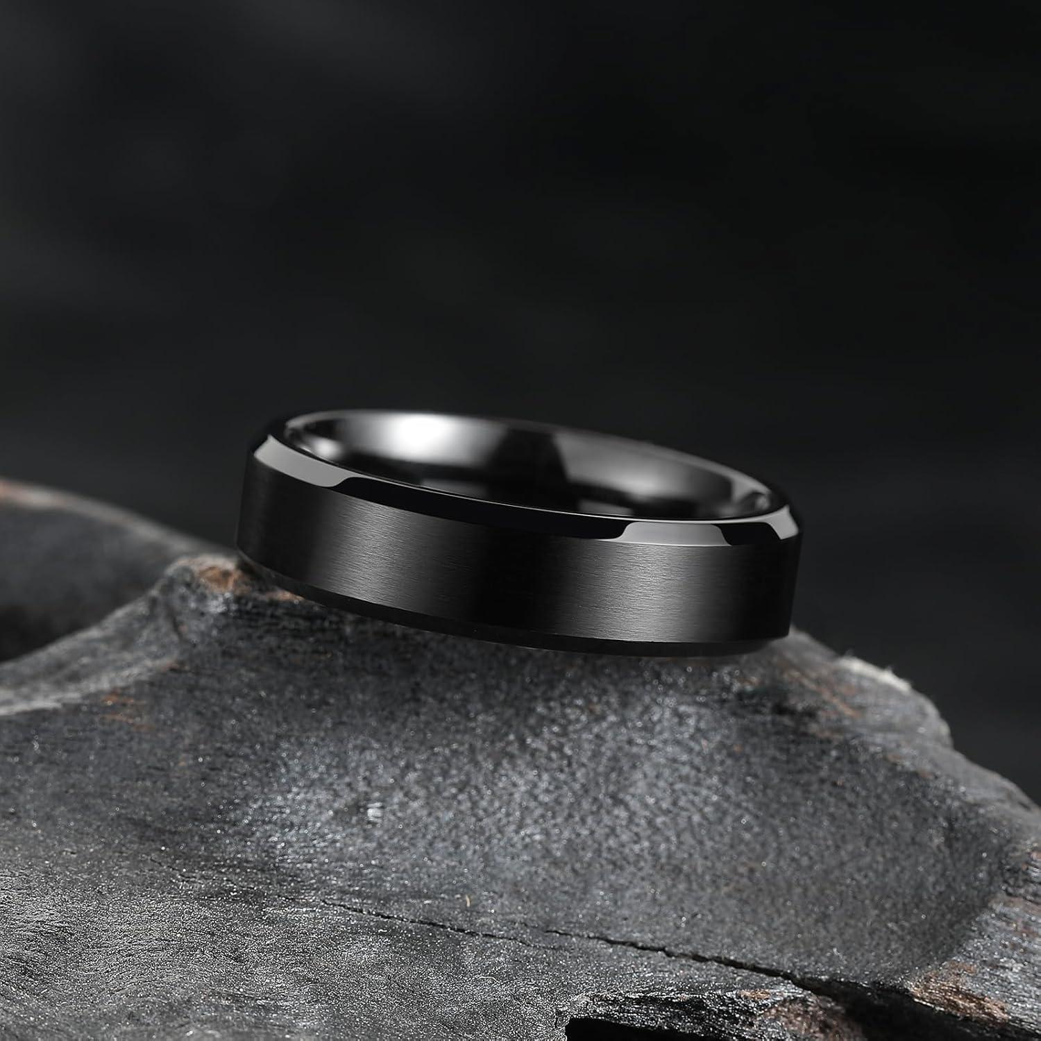 imageKing Will Tungsten Mens Wedding Ring Available in 6mm to 10mm BlackSilver Matte Finish Beveled Polished Edge Comfort FitBlack6mmNew