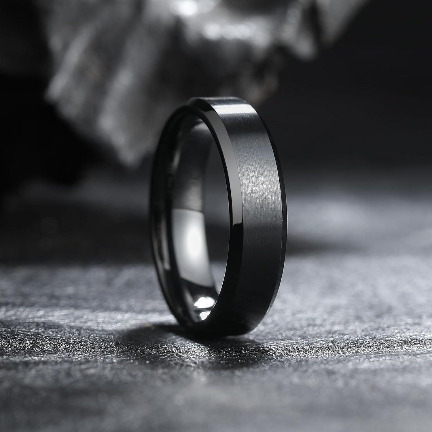 imageKing Will Tungsten Mens Wedding Ring Available in 6mm to 10mm BlackSilver Matte Finish Beveled Polished Edge Comfort FitBlack6mmNew