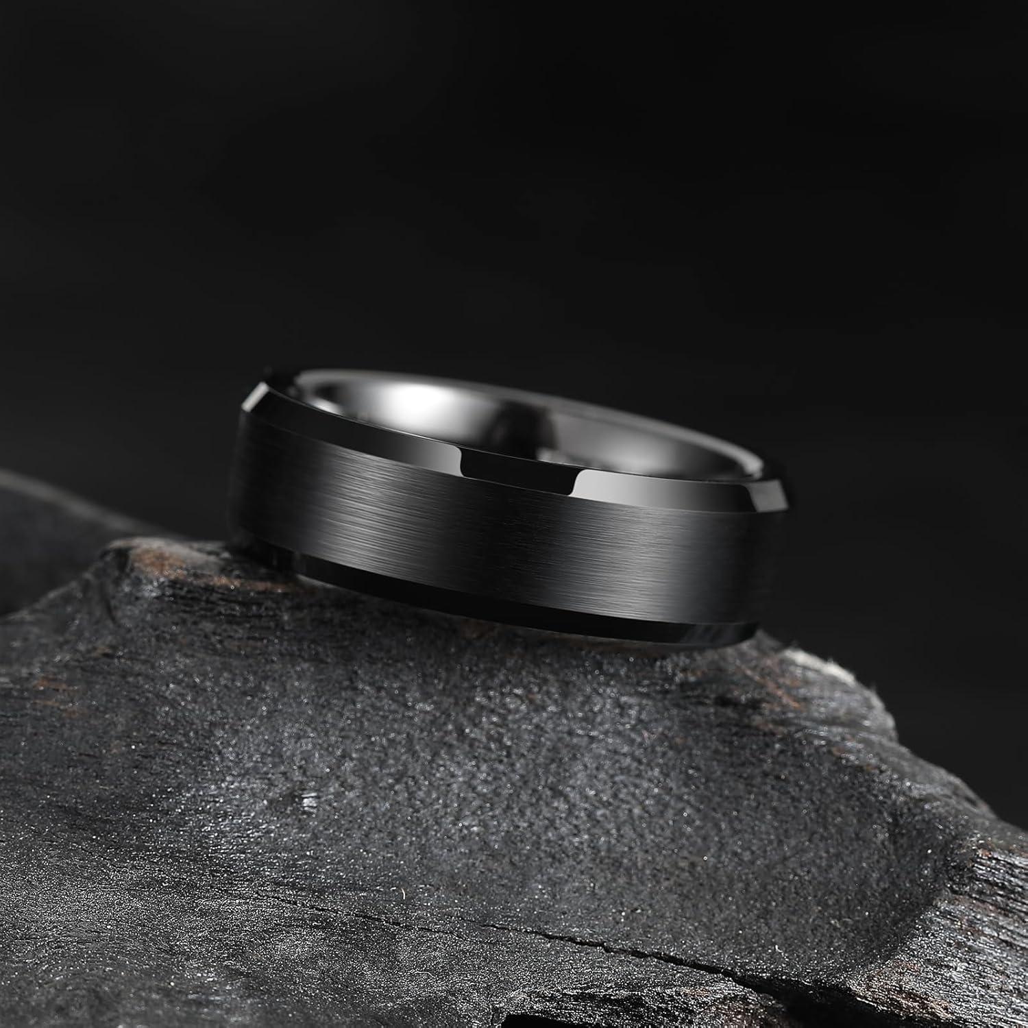 imageKing Will Tungsten Mens Wedding Ring Available in 6mm to 10mm BlackSilver Matte Finish Beveled Polished Edge Comfort FitBlack7mmNew