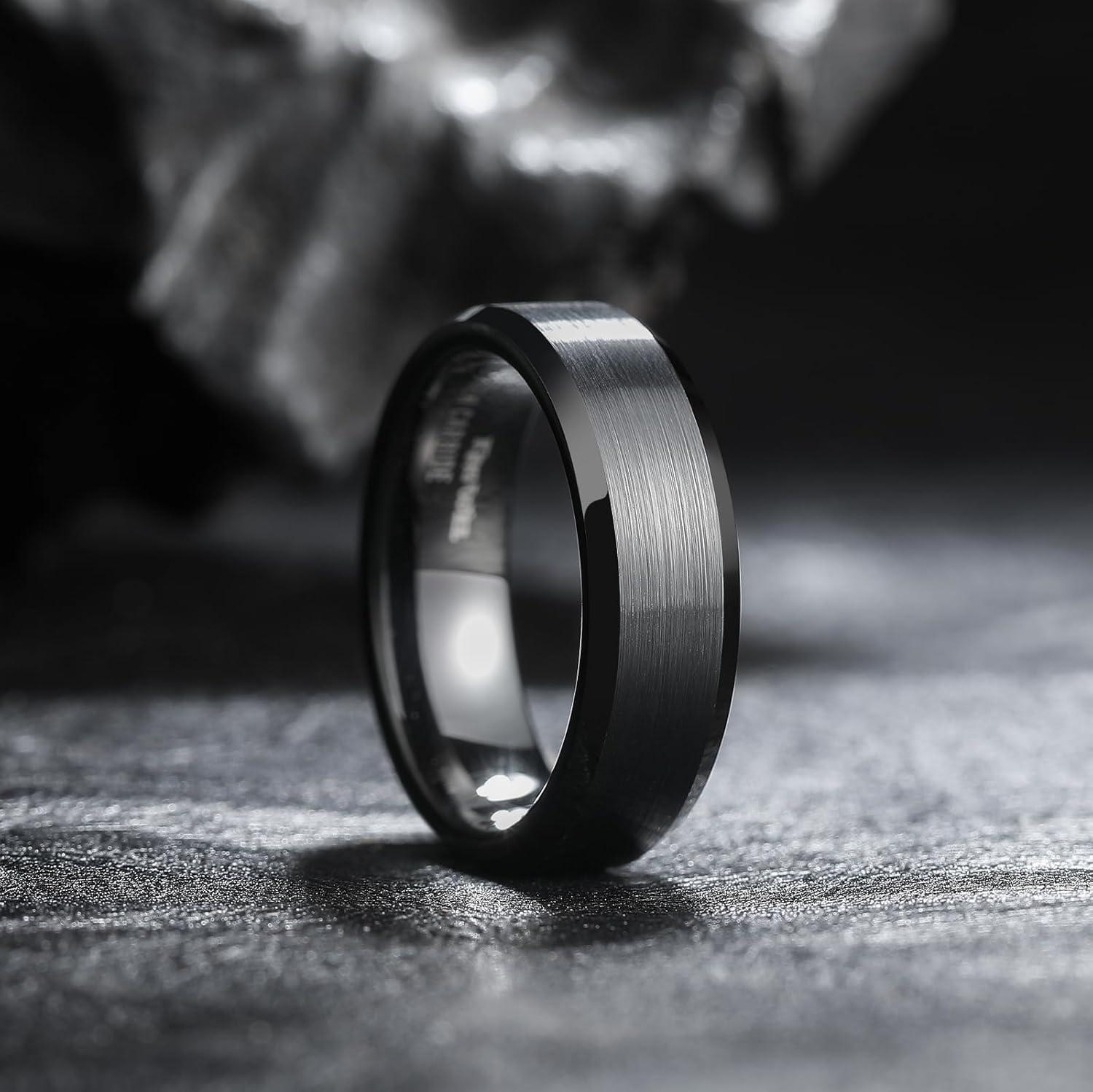 imageKing Will Tungsten Mens Wedding Ring Available in 6mm to 10mm BlackSilver Matte Finish Beveled Polished Edge Comfort FitBlack7mmNew