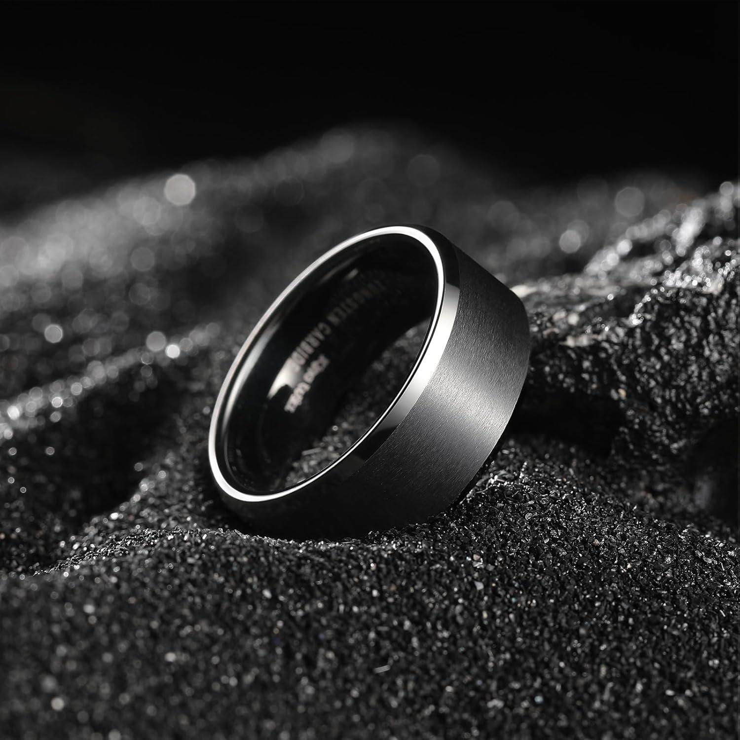 imageKing Will Tungsten Mens Wedding Ring Available in 6mm to 10mm BlackSilver Matte Finish Beveled Polished Edge Comfort FitBlack8mm