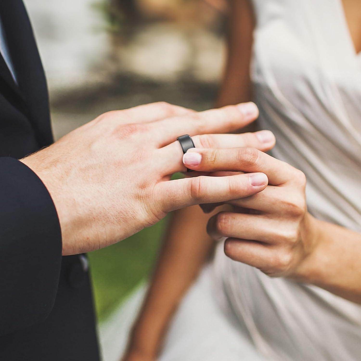 imageKing Will Tungsten Mens Wedding Ring Available in 6mm to 10mm BlackSilver Matte Finish Beveled Polished Edge Comfort FitBlack8mm