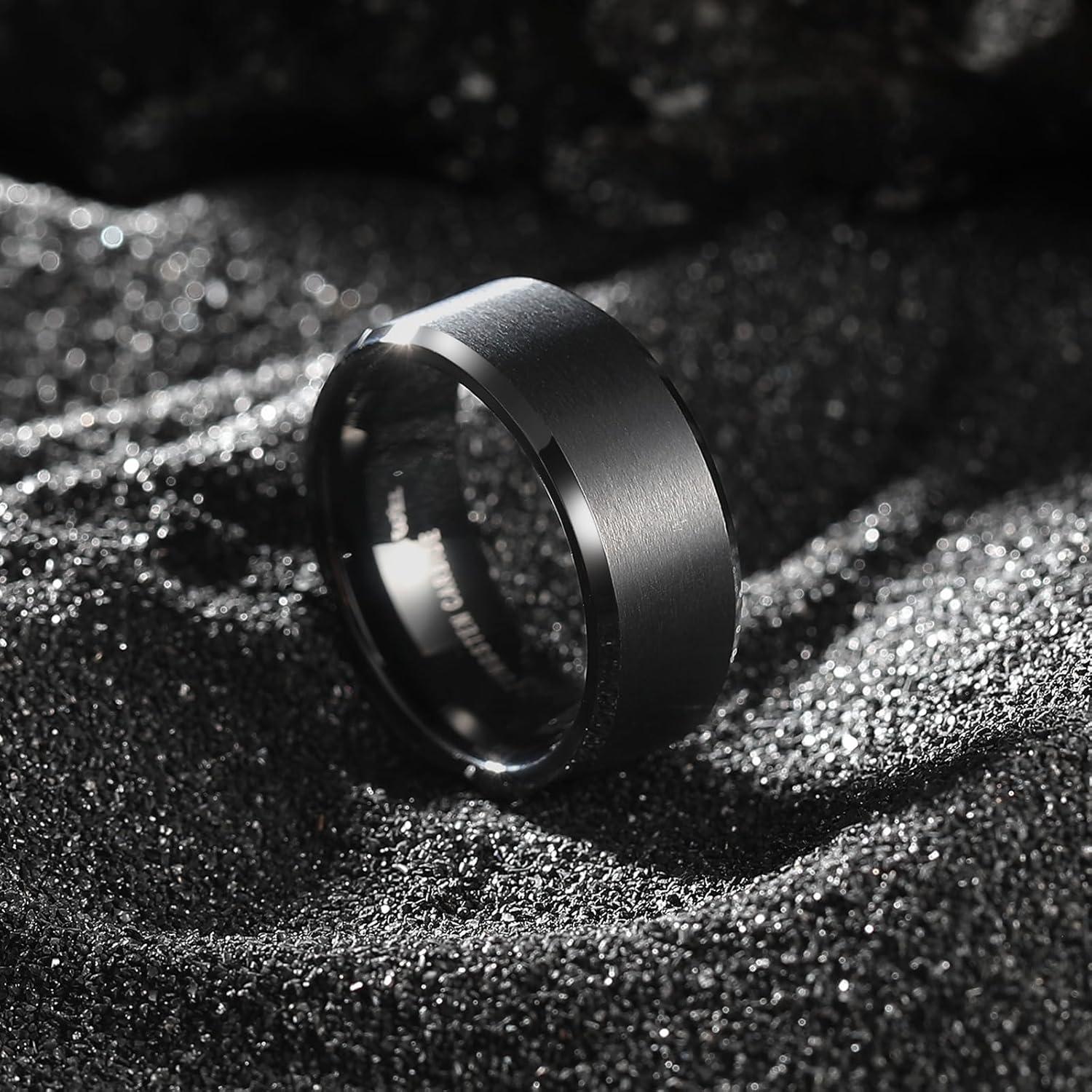 imageKing Will Tungsten Mens Wedding Ring Available in 6mm to 10mm BlackSilver Matte Finish Beveled Polished Edge Comfort FitBlack8mm