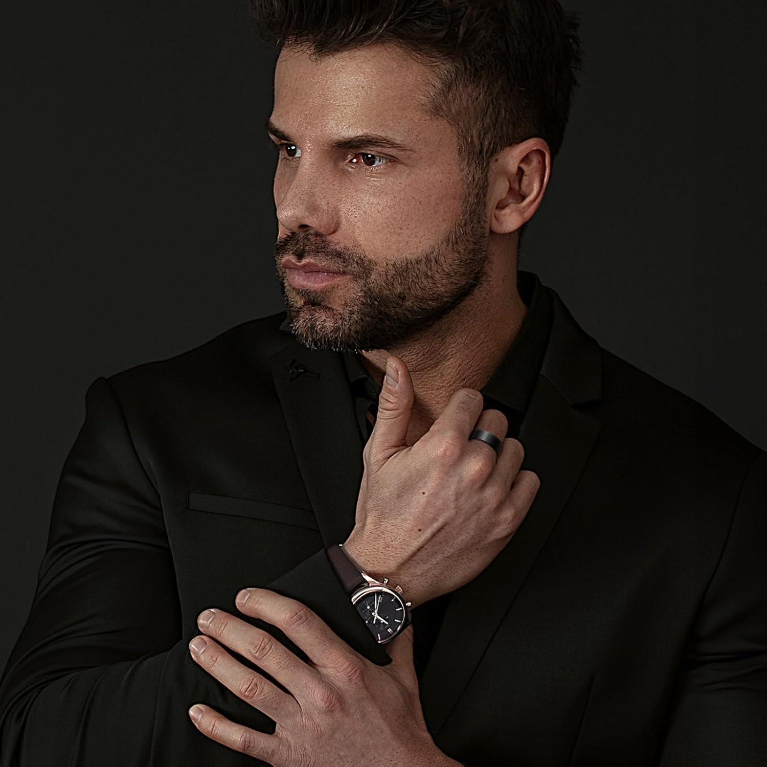 imageKing Will Tungsten Mens Wedding Ring Available in 6mm to 10mm BlackSilver Matte Finish Beveled Polished Edge Comfort FitBlack8mm