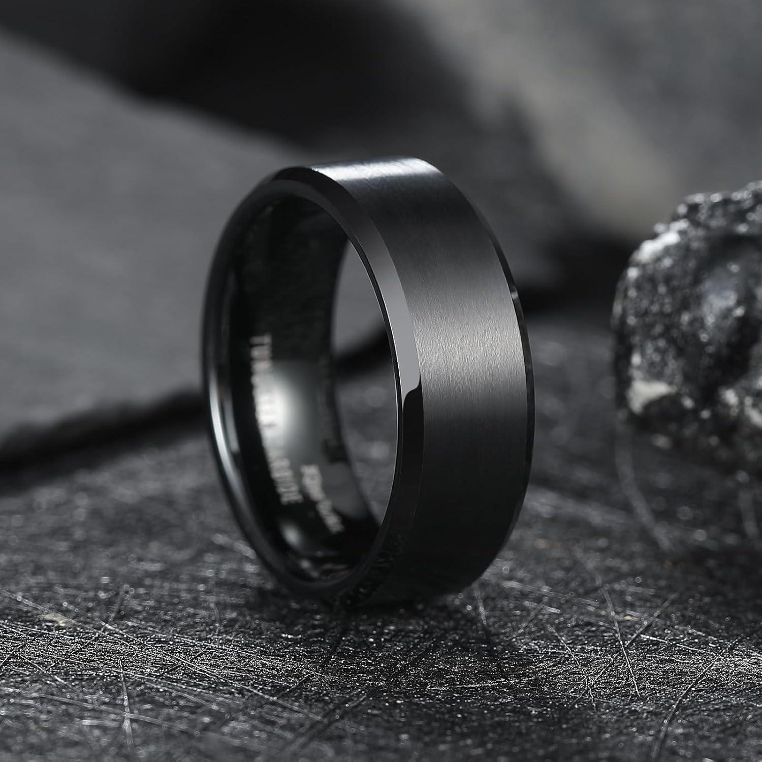 imageKing Will Tungsten Mens Wedding Ring Available in 6mm to 10mm BlackSilver Matte Finish Beveled Polished Edge Comfort FitBlack8mmNew